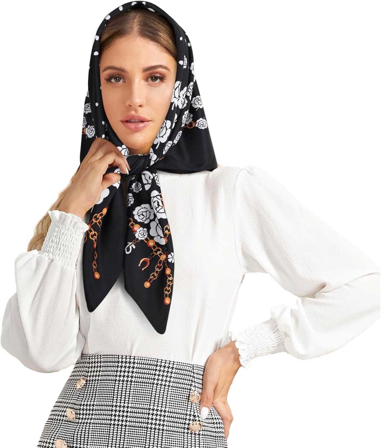 imageEXTREE Womens 35 inch Fashion Headscarf Silk Satin Scarf for Hair Wrapping at Night Bandana Square Scarf for SleepingBlack Camellia