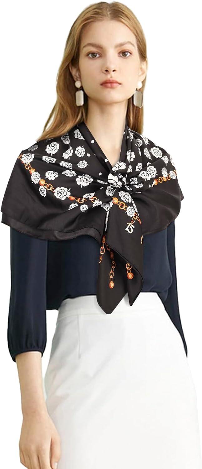 imageEXTREE Womens 35 inch Fashion Headscarf Silk Satin Scarf for Hair Wrapping at Night Bandana Square Scarf for SleepingBlack Camellia