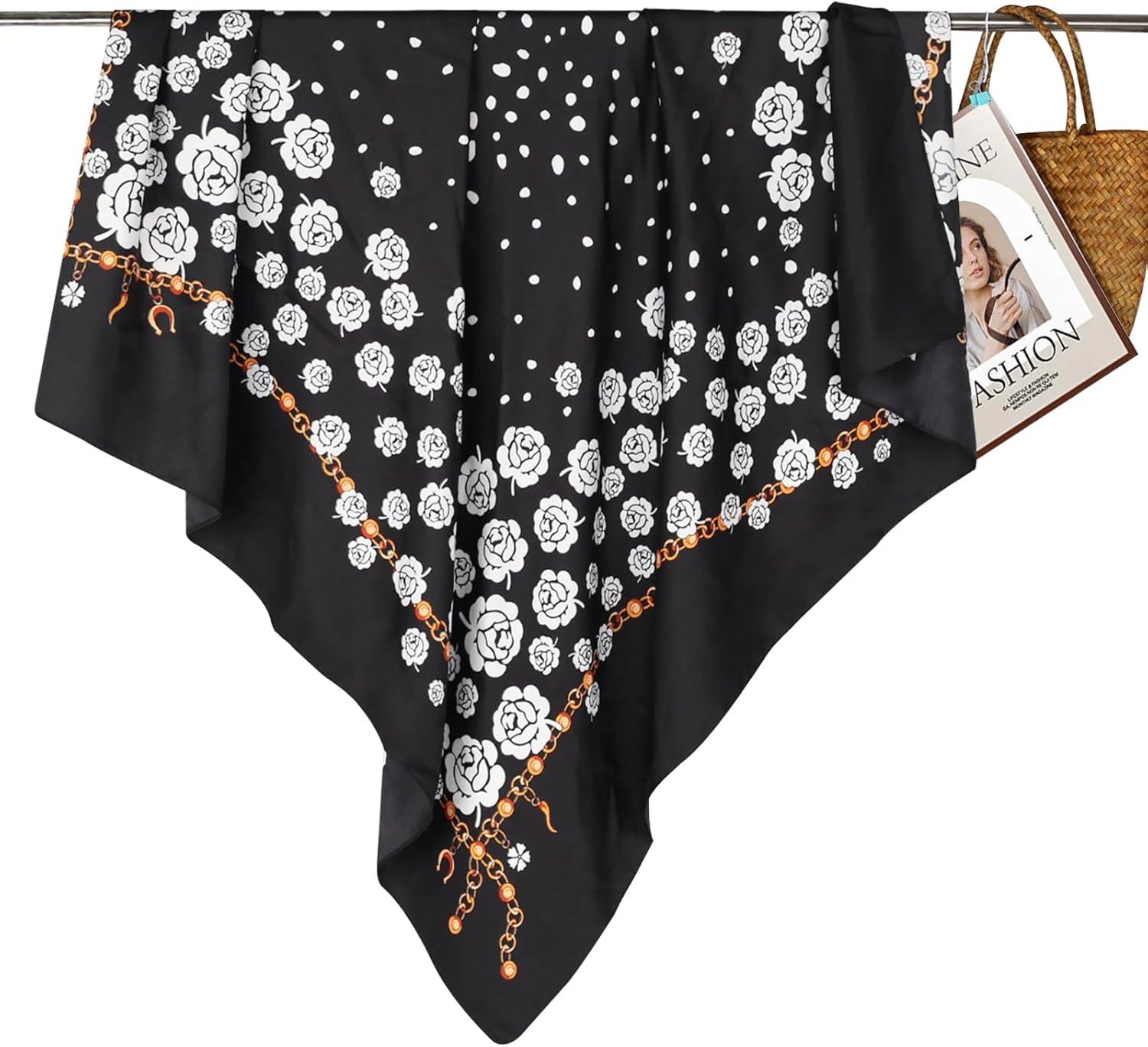 imageEXTREE Womens 35 inch Fashion Headscarf Silk Satin Scarf for Hair Wrapping at Night Bandana Square Scarf for SleepingBlack Camellia