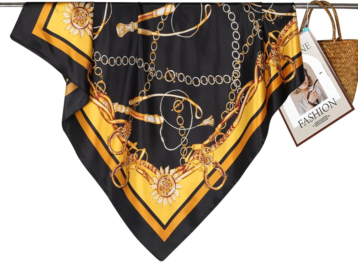 imageEXTREE Womens 35 inch Fashion Headscarf Silk Satin Scarf for Hair Wrapping at Night Bandana Square Scarf for SleepingBlack Gold