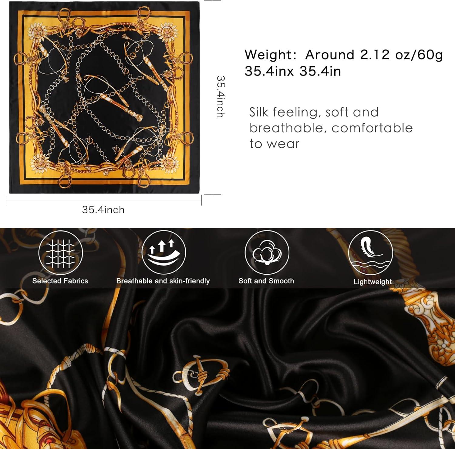 imageEXTREE Womens 35 inch Fashion Headscarf Silk Satin Scarf for Hair Wrapping at Night Bandana Square Scarf for SleepingBlack Gold