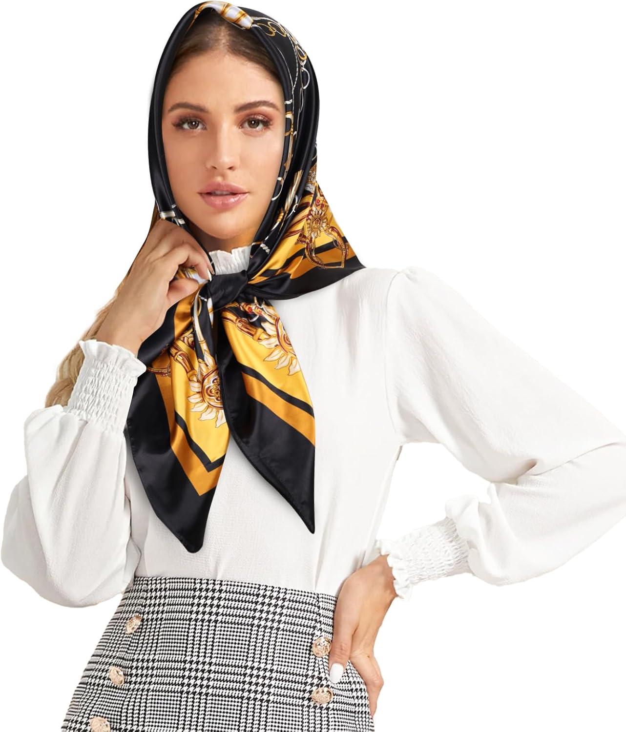 imageEXTREE Womens 35 inch Fashion Headscarf Silk Satin Scarf for Hair Wrapping at Night Bandana Square Scarf for SleepingBlack Gold