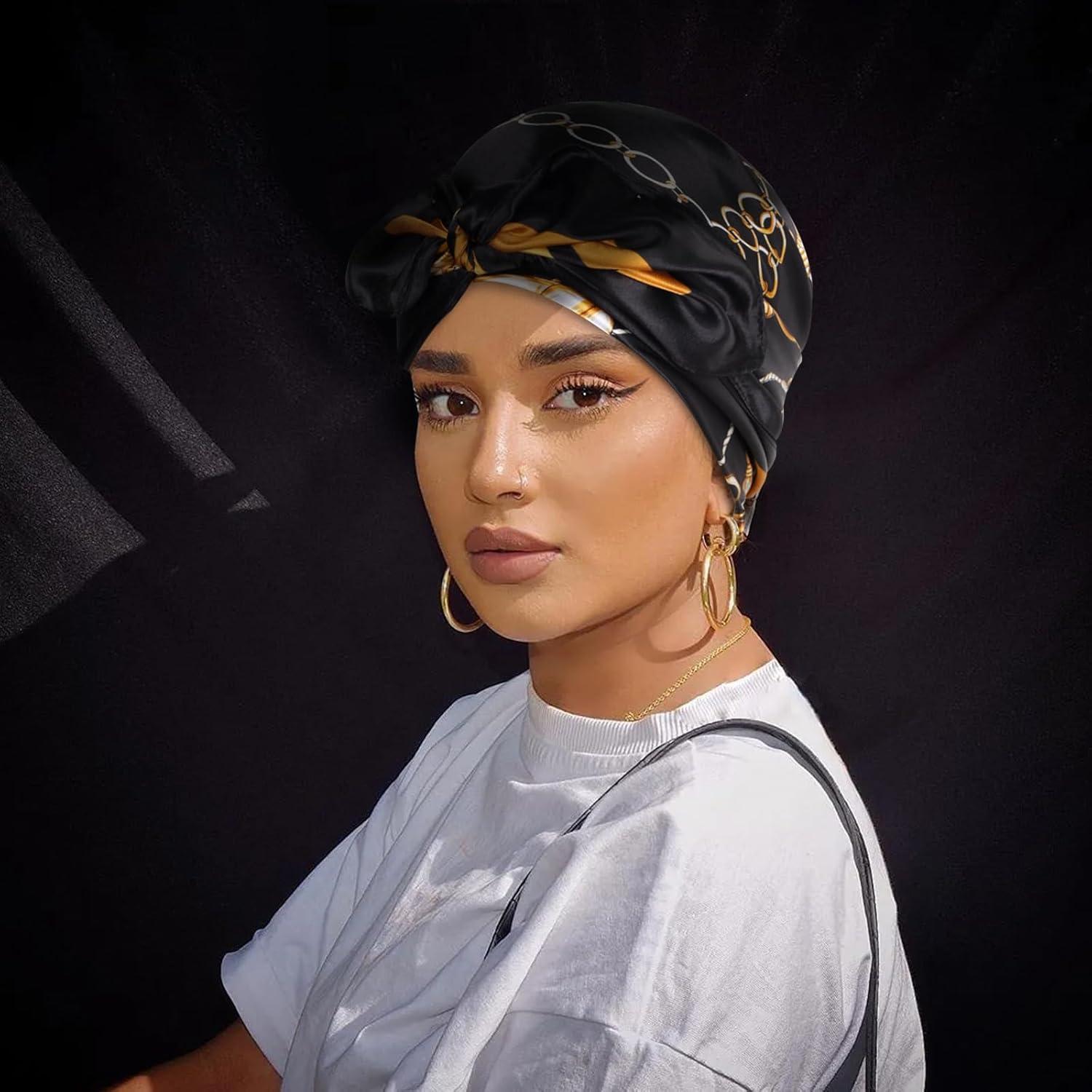 imageEXTREE Womens 35 inch Fashion Headscarf Silk Satin Scarf for Hair Wrapping at Night Bandana Square Scarf for SleepingBlack Gold