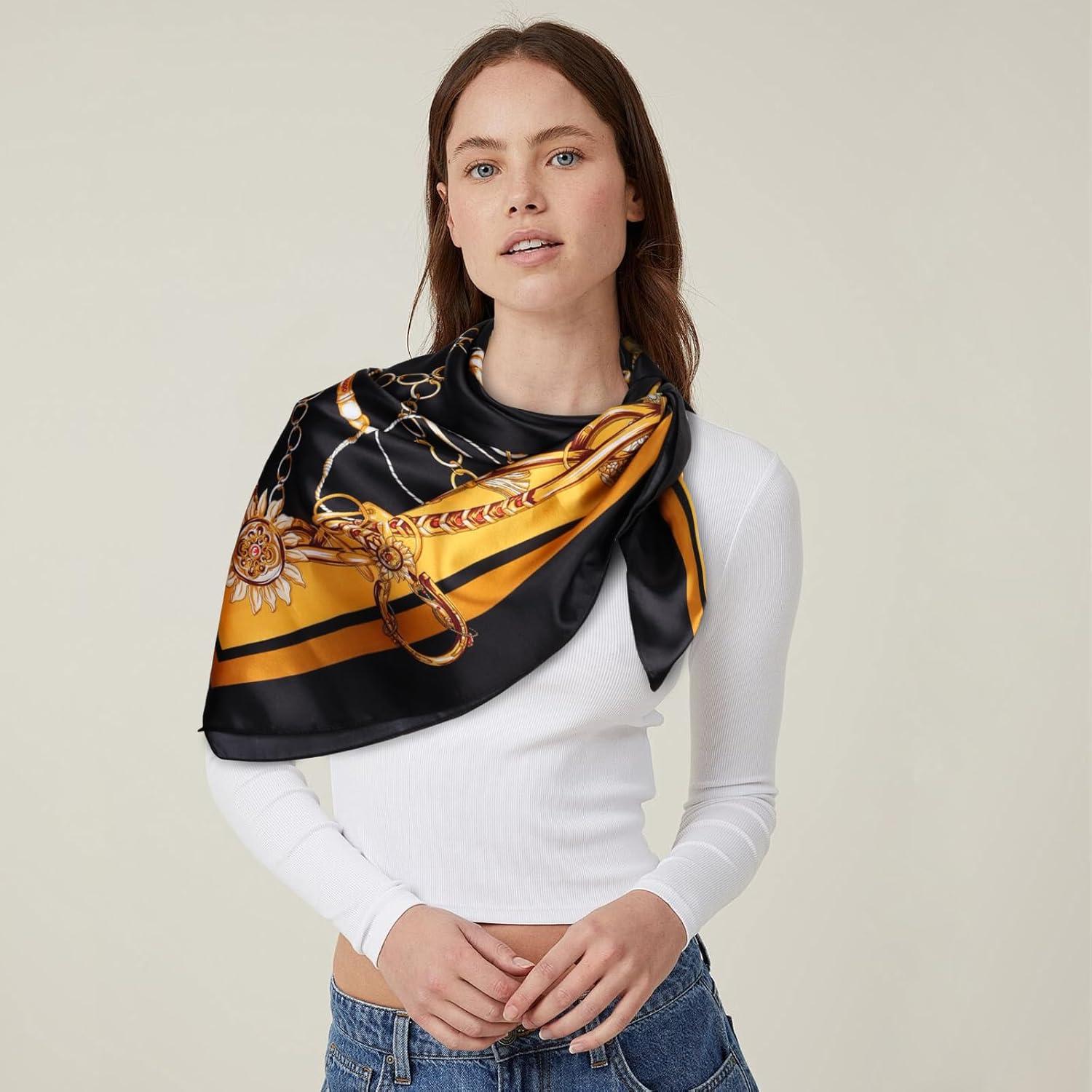 imageEXTREE Womens 35 inch Fashion Headscarf Silk Satin Scarf for Hair Wrapping at Night Bandana Square Scarf for SleepingBlack Gold