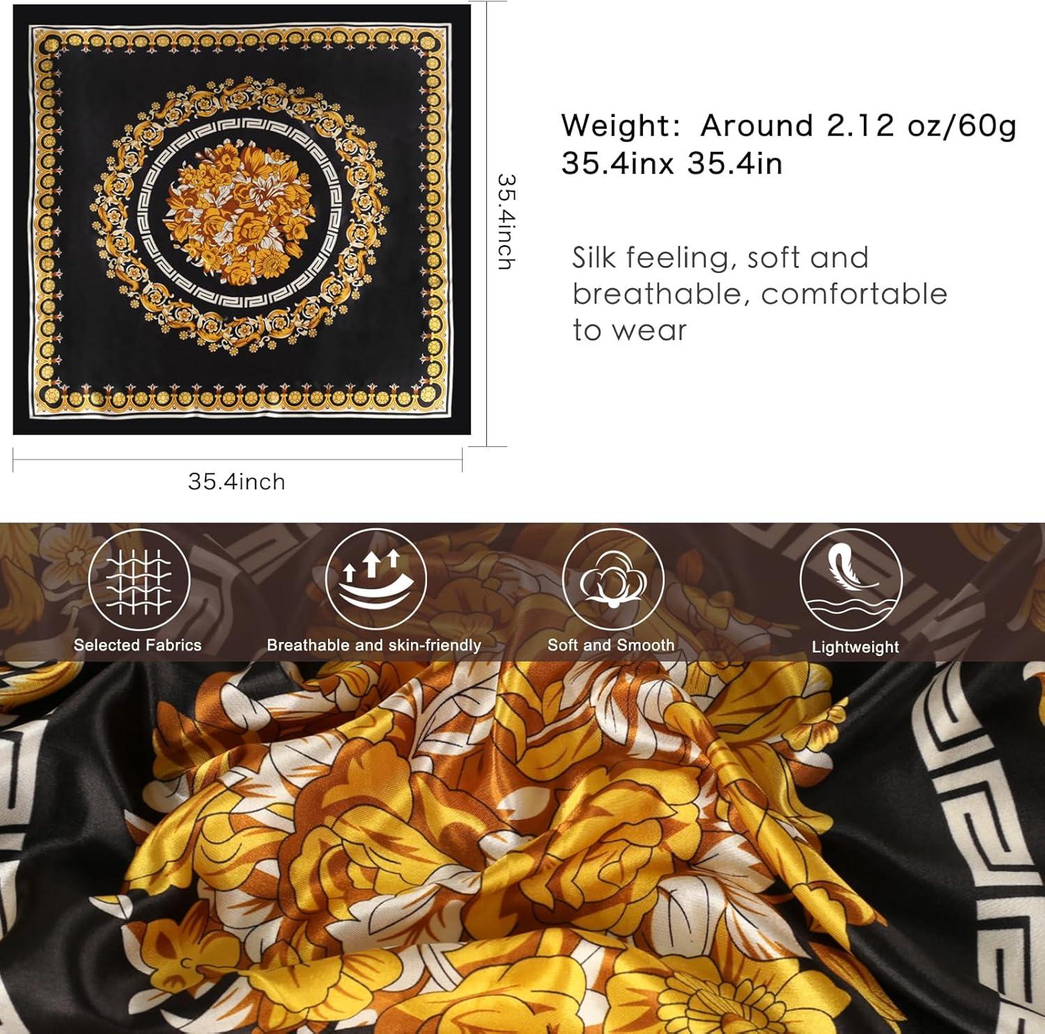 imageEXTREE Womens 35 inch Fashion Headscarf Silk Satin Scarf for Hair Wrapping at Night Bandana Square Scarf for SleepingBlack Gold One