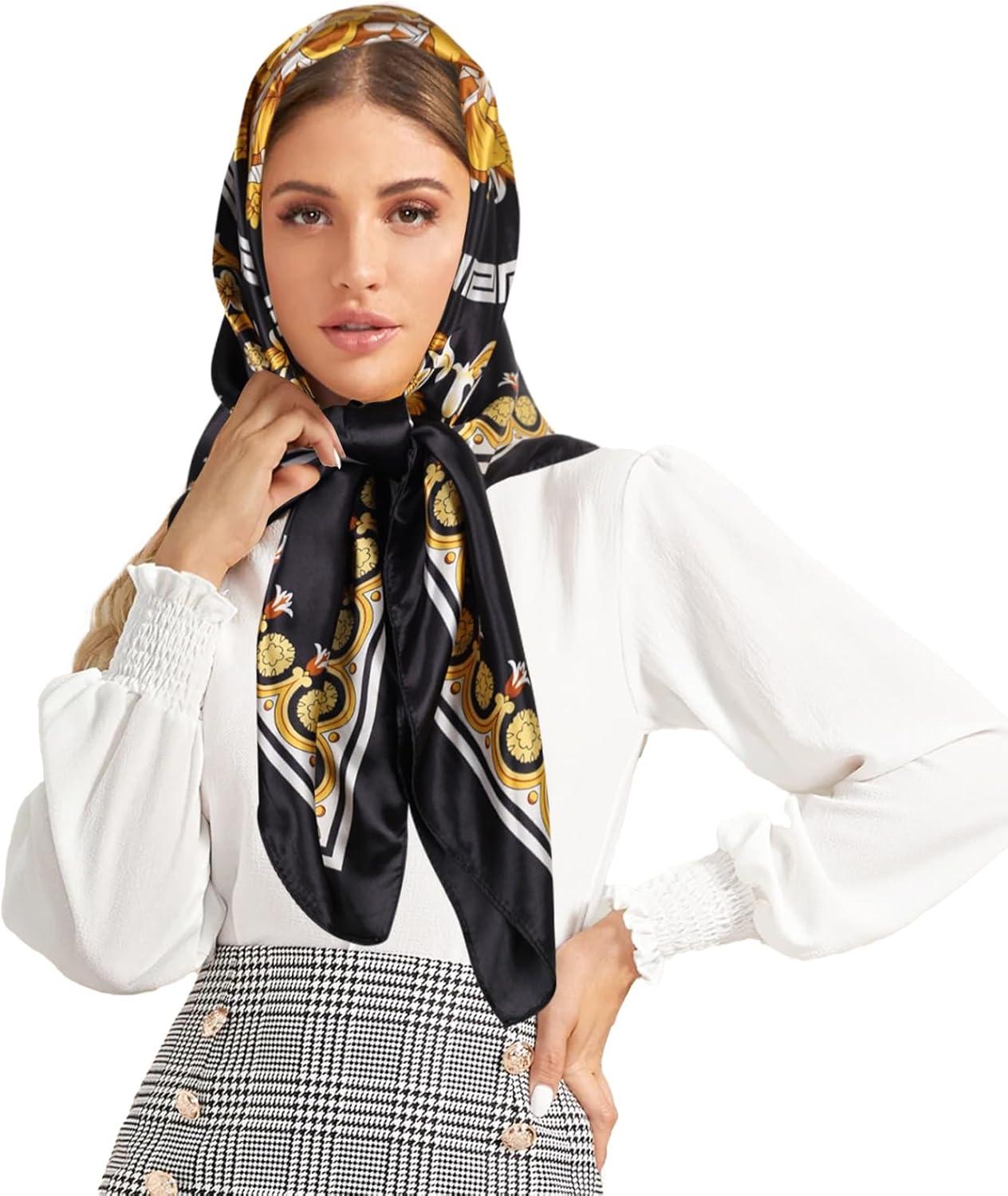 imageEXTREE Womens 35 inch Fashion Headscarf Silk Satin Scarf for Hair Wrapping at Night Bandana Square Scarf for SleepingBlack Gold One