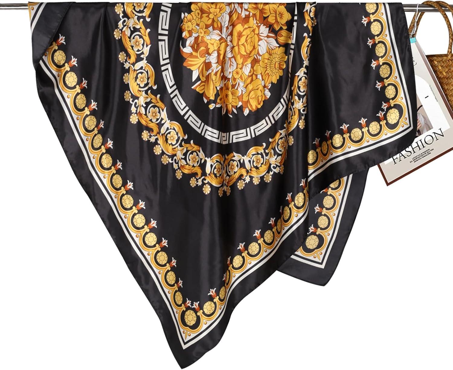 imageEXTREE Womens 35 inch Fashion Headscarf Silk Satin Scarf for Hair Wrapping at Night Bandana Square Scarf for SleepingBlack Gold One