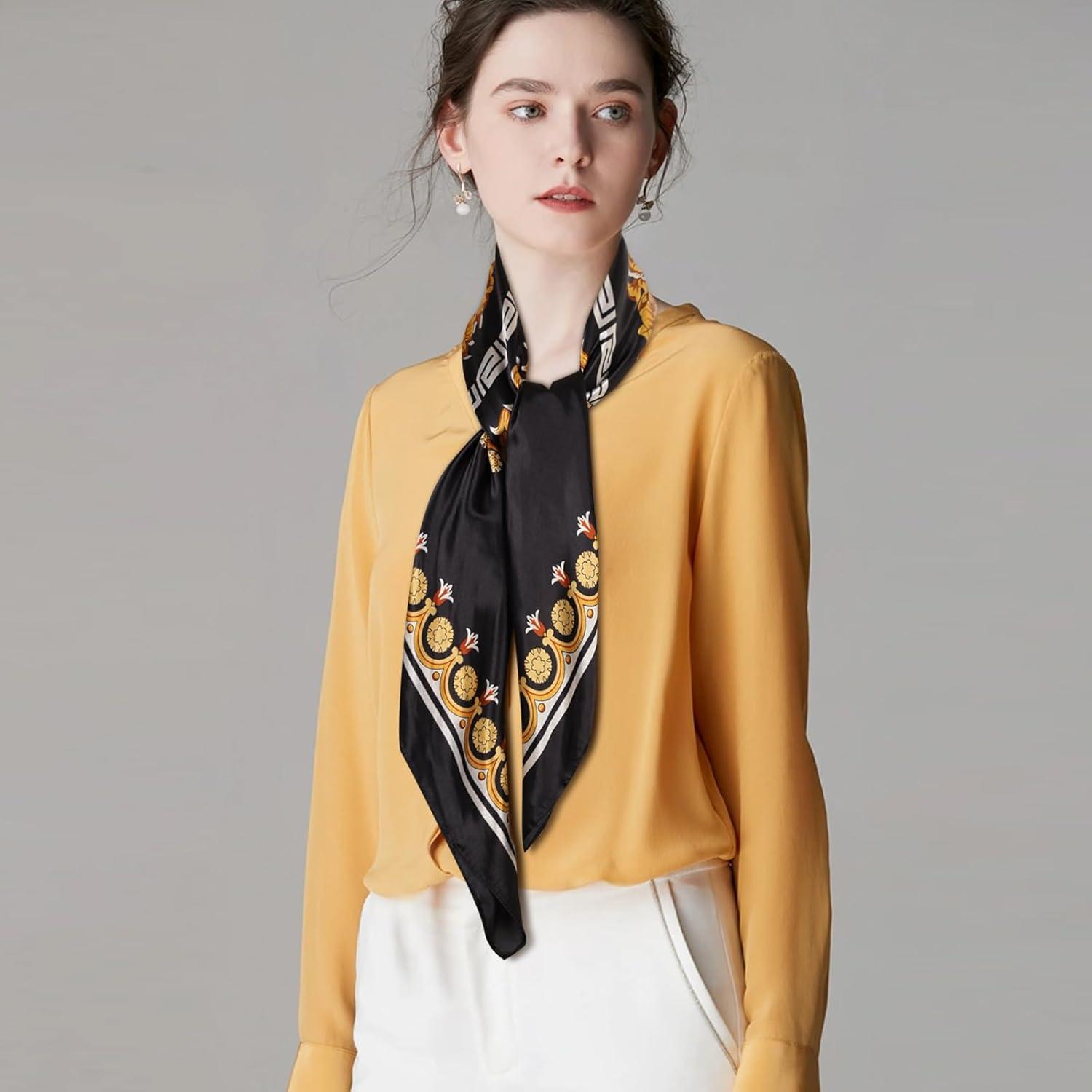 imageEXTREE Womens 35 inch Fashion Headscarf Silk Satin Scarf for Hair Wrapping at Night Bandana Square Scarf for SleepingBlack Gold One