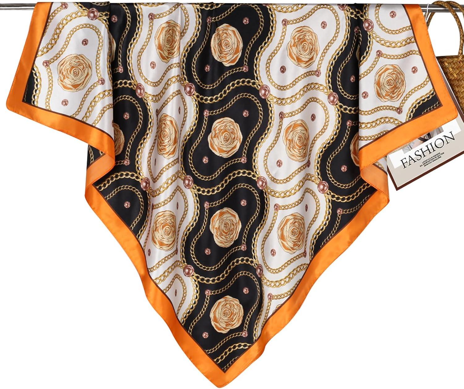 imageEXTREE Womens 35 inch Fashion Headscarf Silk Satin Scarf for Hair Wrapping at Night Bandana Square Scarf for SleepingBlack Orange