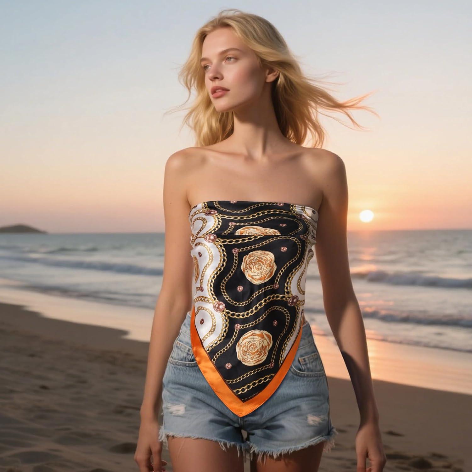 imageEXTREE Womens 35 inch Fashion Headscarf Silk Satin Scarf for Hair Wrapping at Night Bandana Square Scarf for SleepingBlack Orange