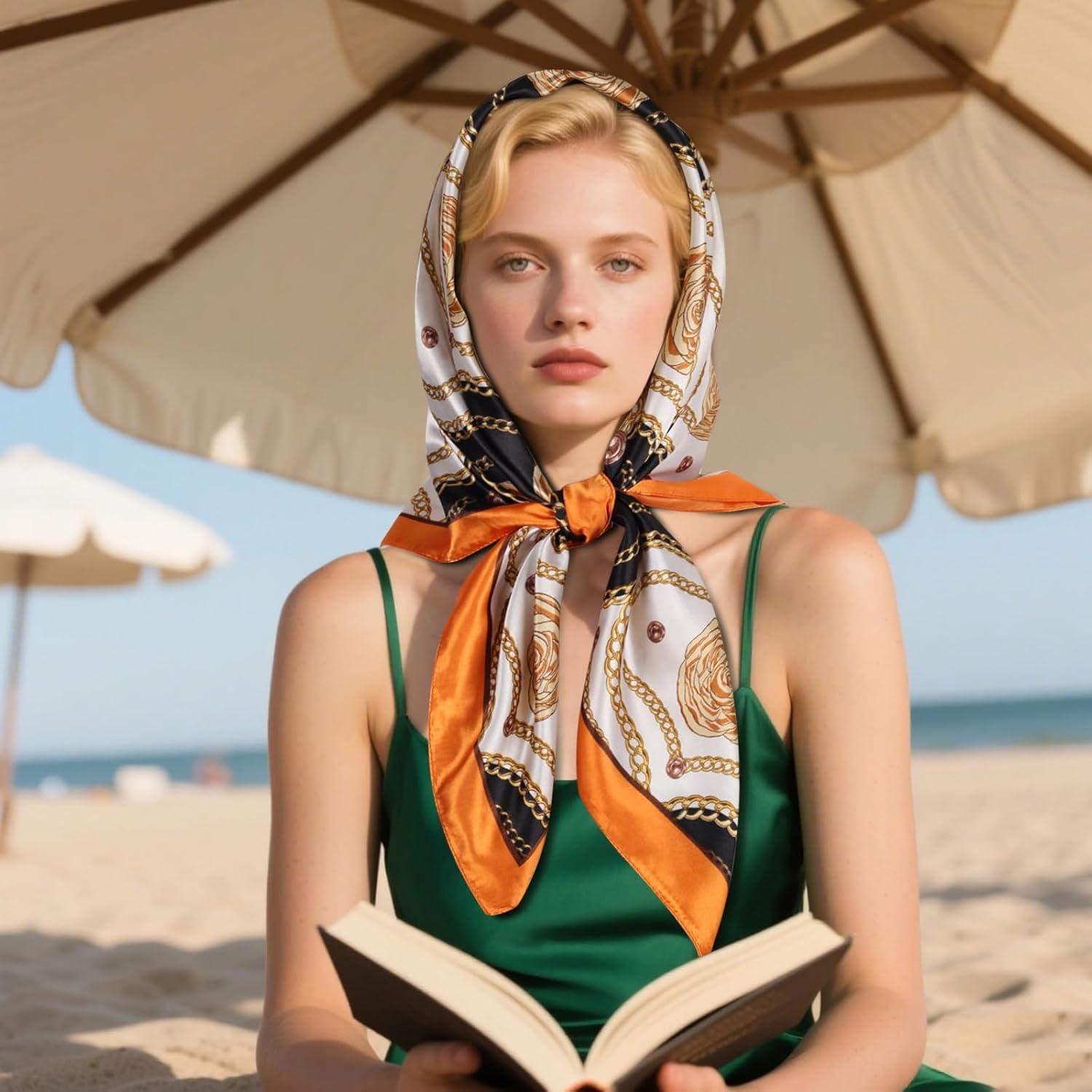 imageEXTREE Womens 35 inch Fashion Headscarf Silk Satin Scarf for Hair Wrapping at Night Bandana Square Scarf for SleepingBlack Orange