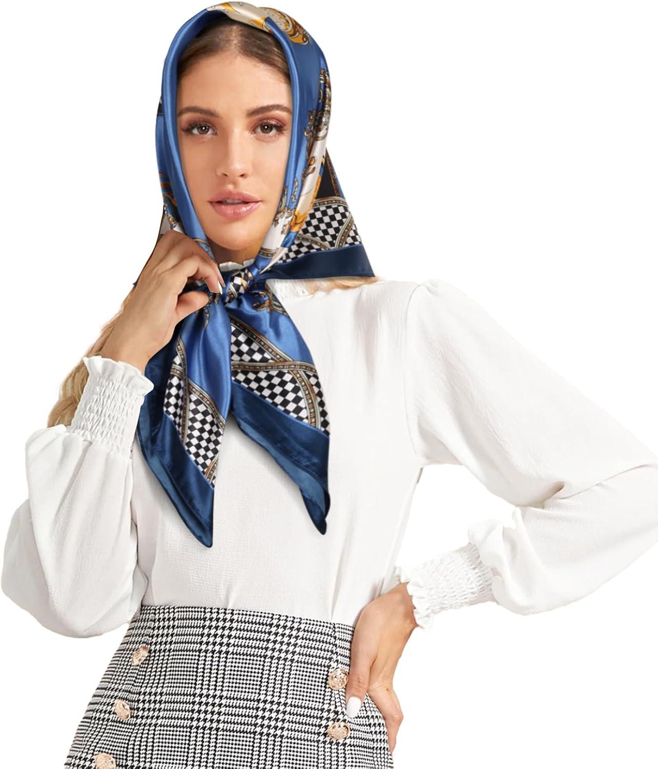 imageEXTREE Womens 35 inch Fashion Headscarf Silk Satin Scarf for Hair Wrapping at Night Bandana Square Scarf for SleepingBlue