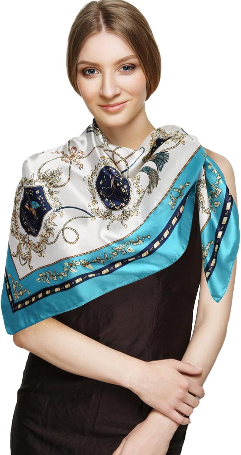 imageEXTREE Womens 35 inch Fashion Headscarf Silk Satin Scarf for Hair Wrapping at Night Bandana Square Scarf for SleepingBlue Cherry Love