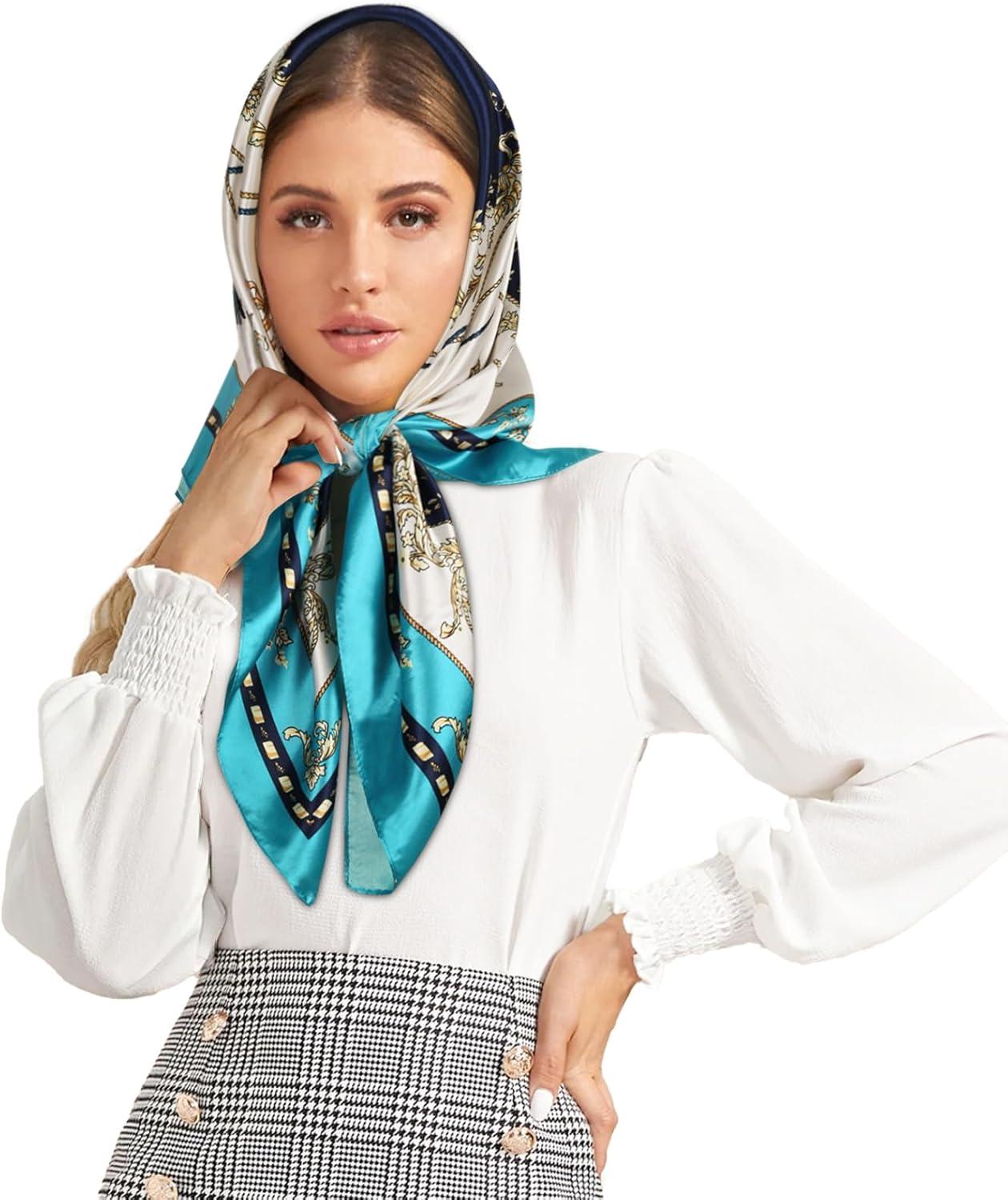 imageEXTREE Womens 35 inch Fashion Headscarf Silk Satin Scarf for Hair Wrapping at Night Bandana Square Scarf for SleepingBlue Cherry Love