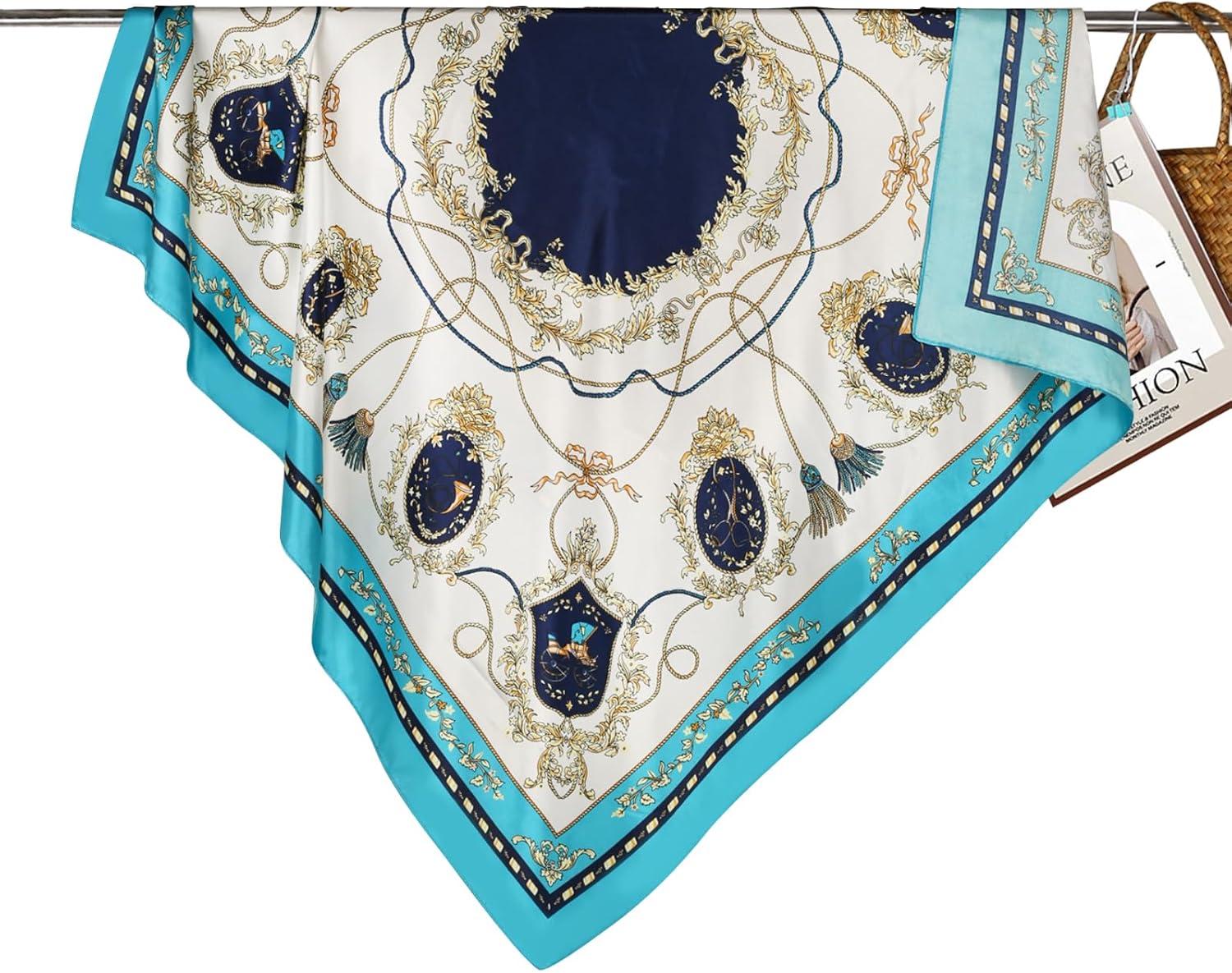 imageEXTREE Womens 35 inch Fashion Headscarf Silk Satin Scarf for Hair Wrapping at Night Bandana Square Scarf for SleepingBlue Cherry Love