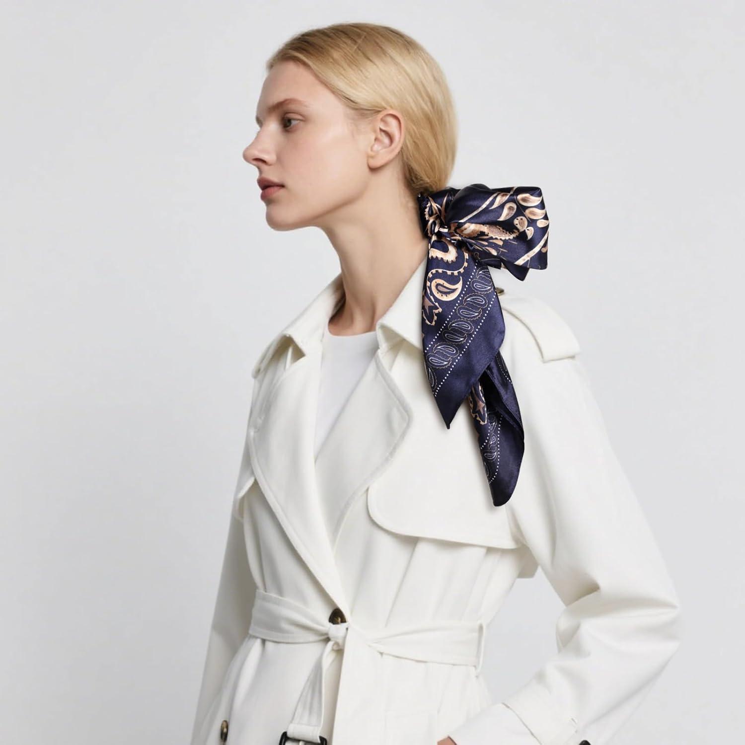 imageEXTREE Womens 35 inch Fashion Headscarf Silk Satin Scarf for Hair Wrapping at Night Bandana Square Scarf for SleepingBohemian Cashew Dark Navy