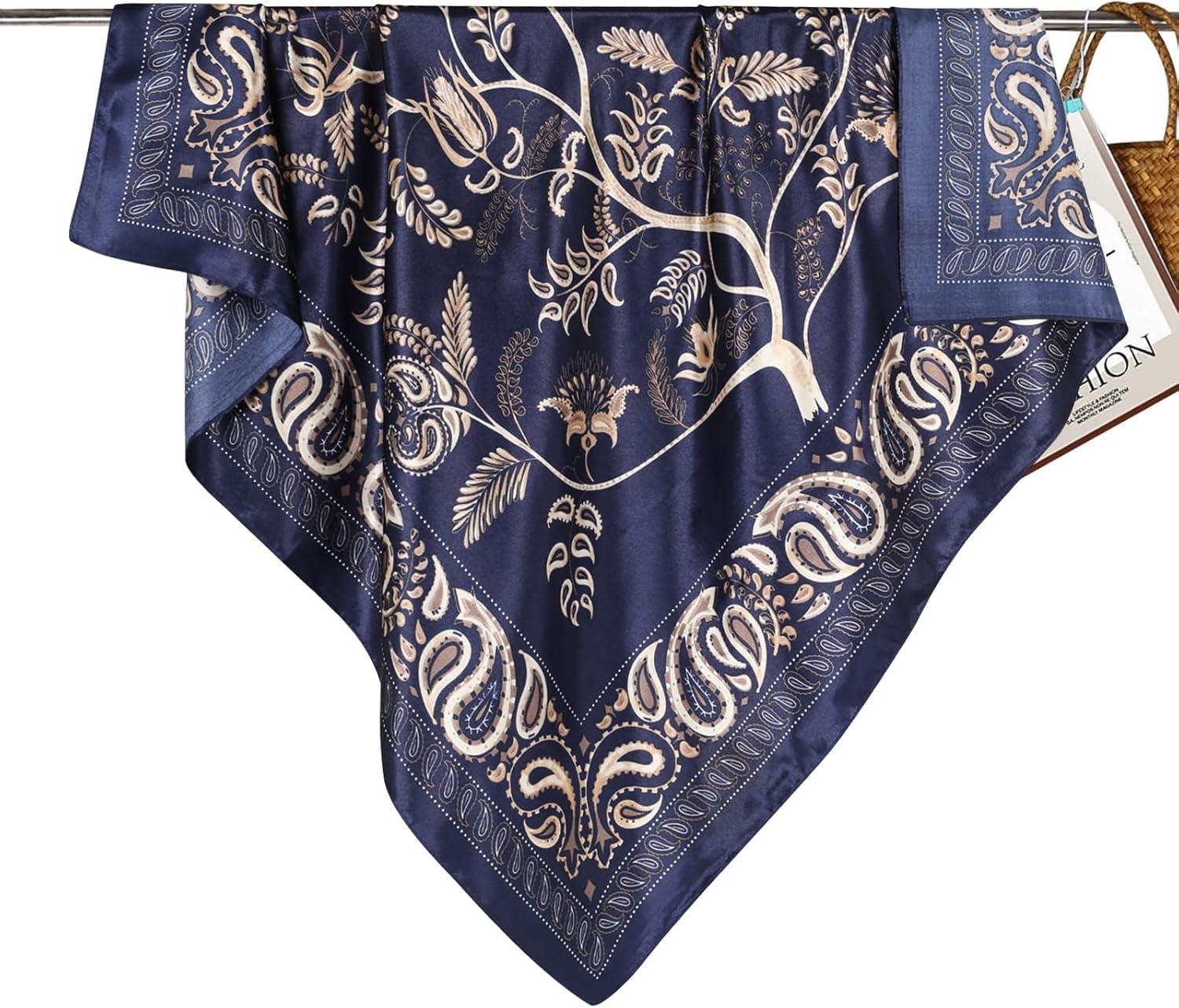 imageEXTREE Womens 35 inch Fashion Headscarf Silk Satin Scarf for Hair Wrapping at Night Bandana Square Scarf for SleepingBohemian Cashew Dark Navy