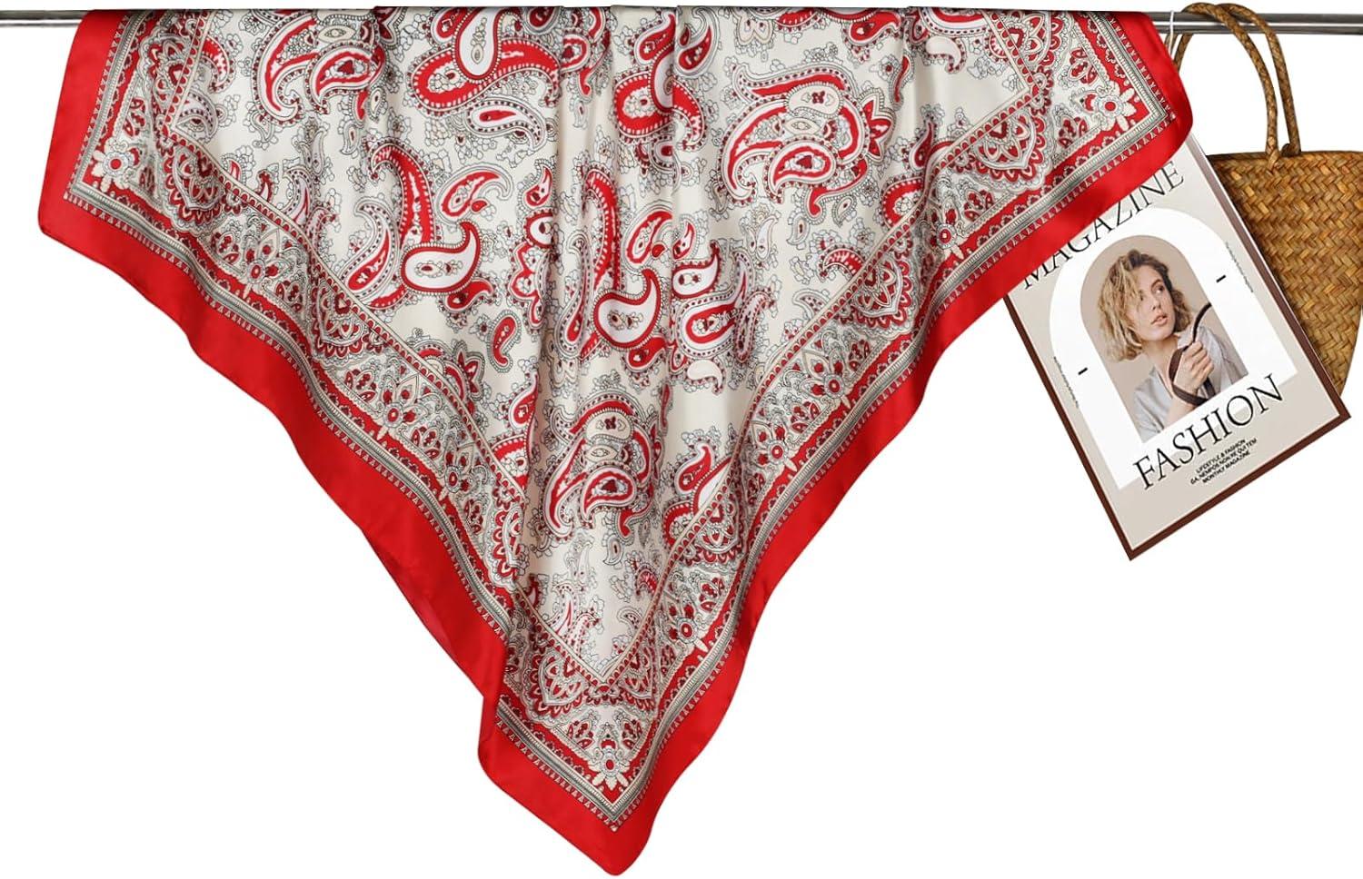 imageEXTREE Womens 35 inch Fashion Headscarf Silk Satin Scarf for Hair Wrapping at Night Bandana Square Scarf for SleepingCashew Flower Red