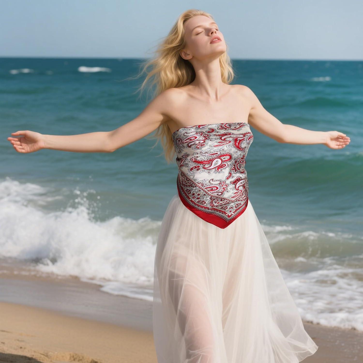 imageEXTREE Womens 35 inch Fashion Headscarf Silk Satin Scarf for Hair Wrapping at Night Bandana Square Scarf for SleepingCashew Flower Red