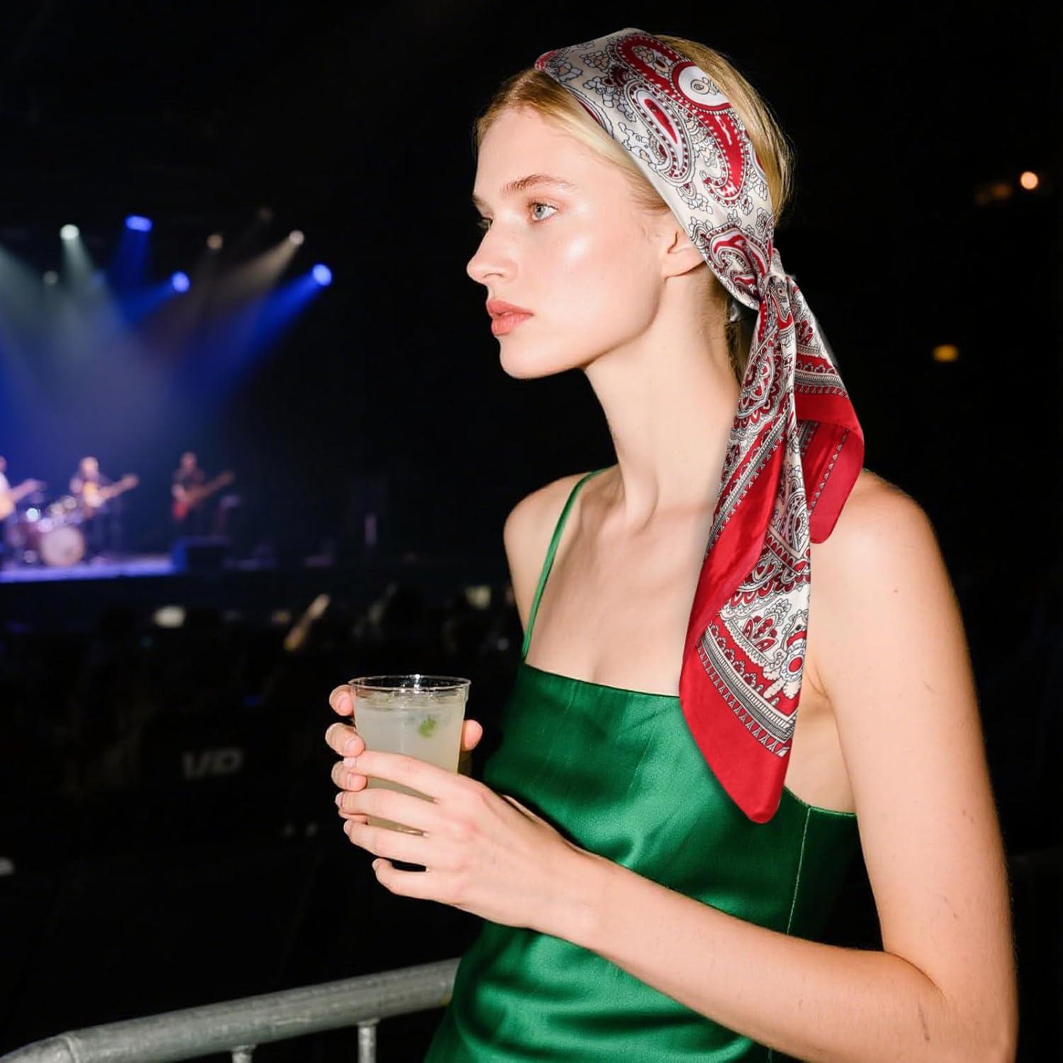 imageEXTREE Womens 35 inch Fashion Headscarf Silk Satin Scarf for Hair Wrapping at Night Bandana Square Scarf for SleepingCashew Flower Red