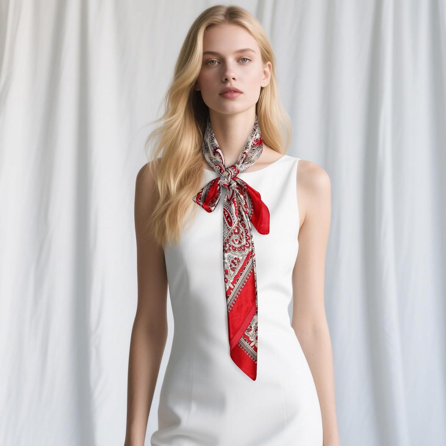 imageEXTREE Womens 35 inch Fashion Headscarf Silk Satin Scarf for Hair Wrapping at Night Bandana Square Scarf for SleepingCashew Flower Red