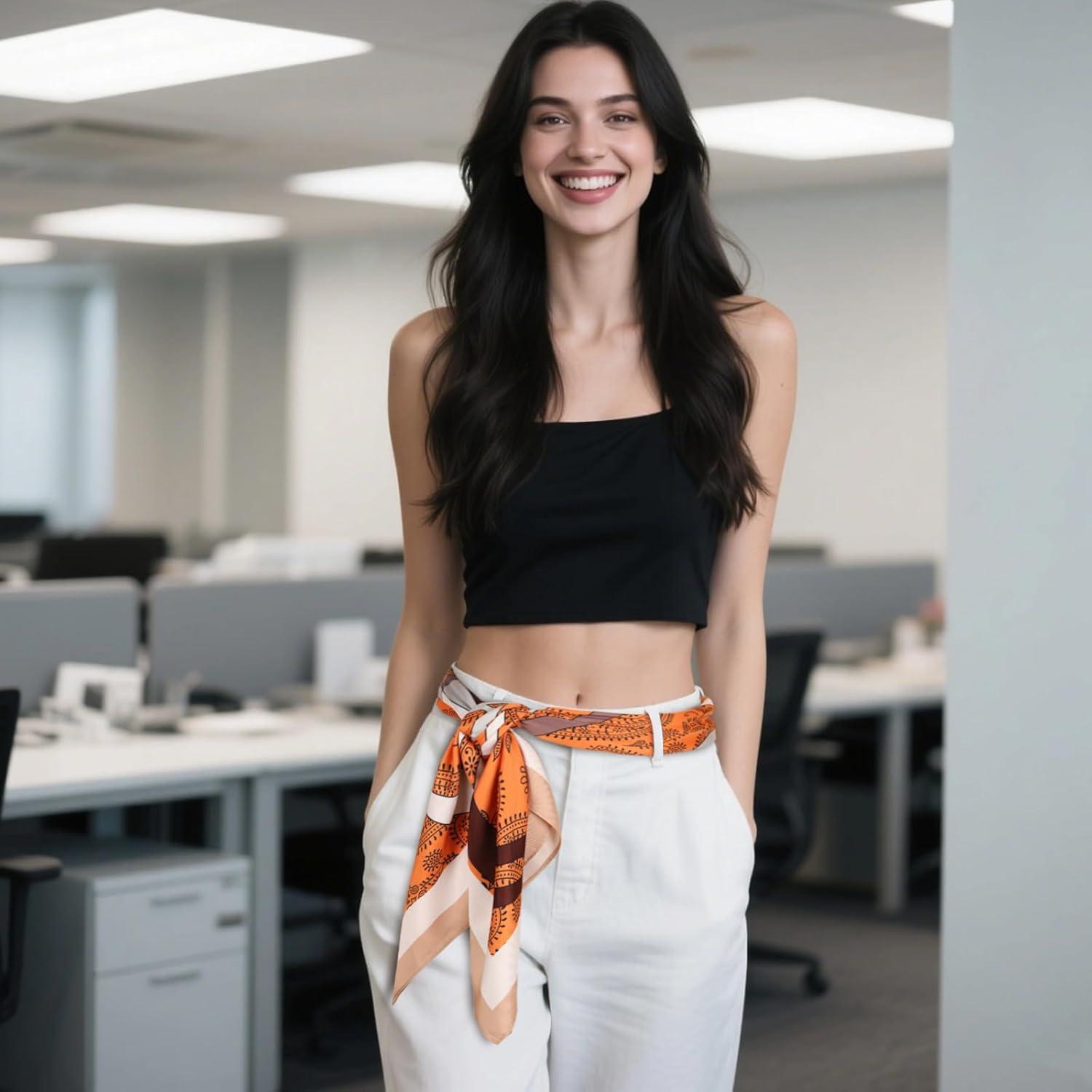 imageEXTREE Womens 35 inch Fashion Headscarf Silk Satin Scarf for Hair Wrapping at Night Bandana Square Scarf for SleepingChain Cashew Orange Twill