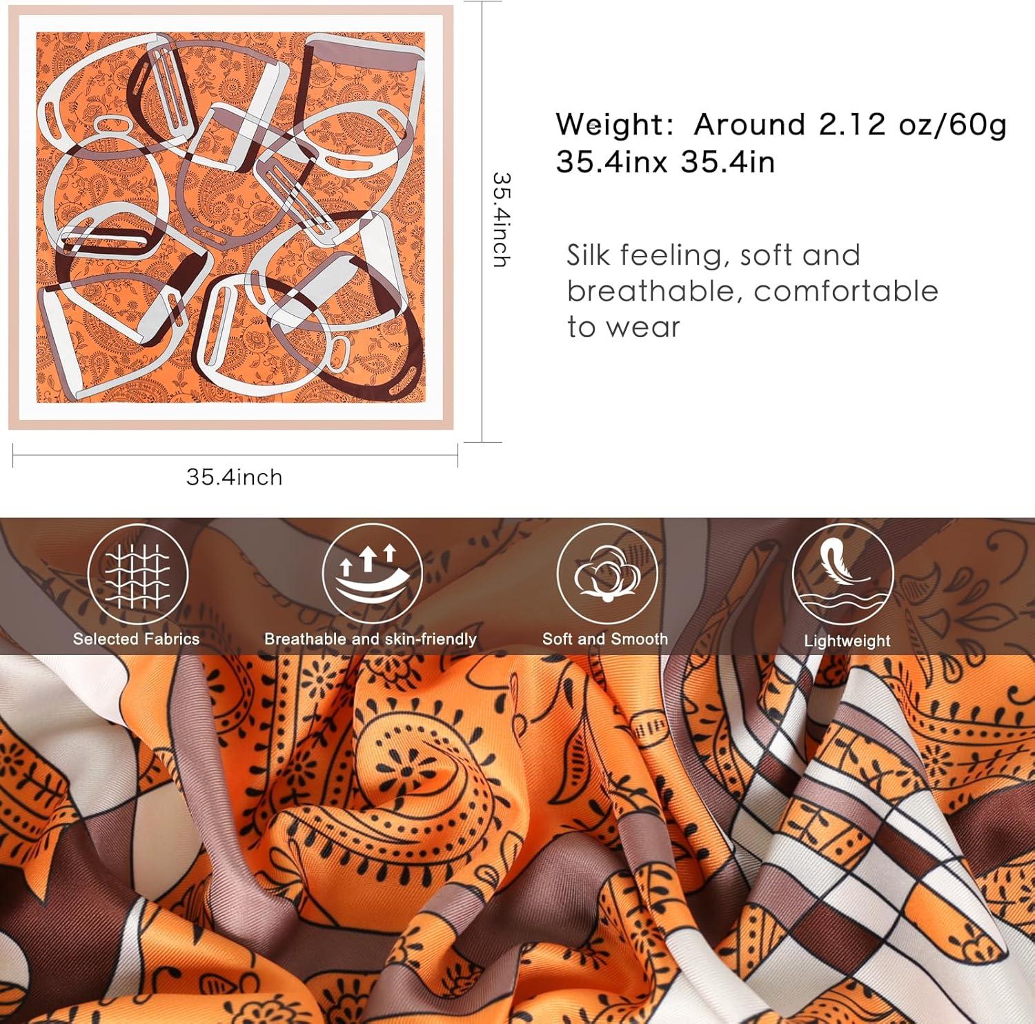 imageEXTREE Womens 35 inch Fashion Headscarf Silk Satin Scarf for Hair Wrapping at Night Bandana Square Scarf for SleepingChain Cashew Orange Twill