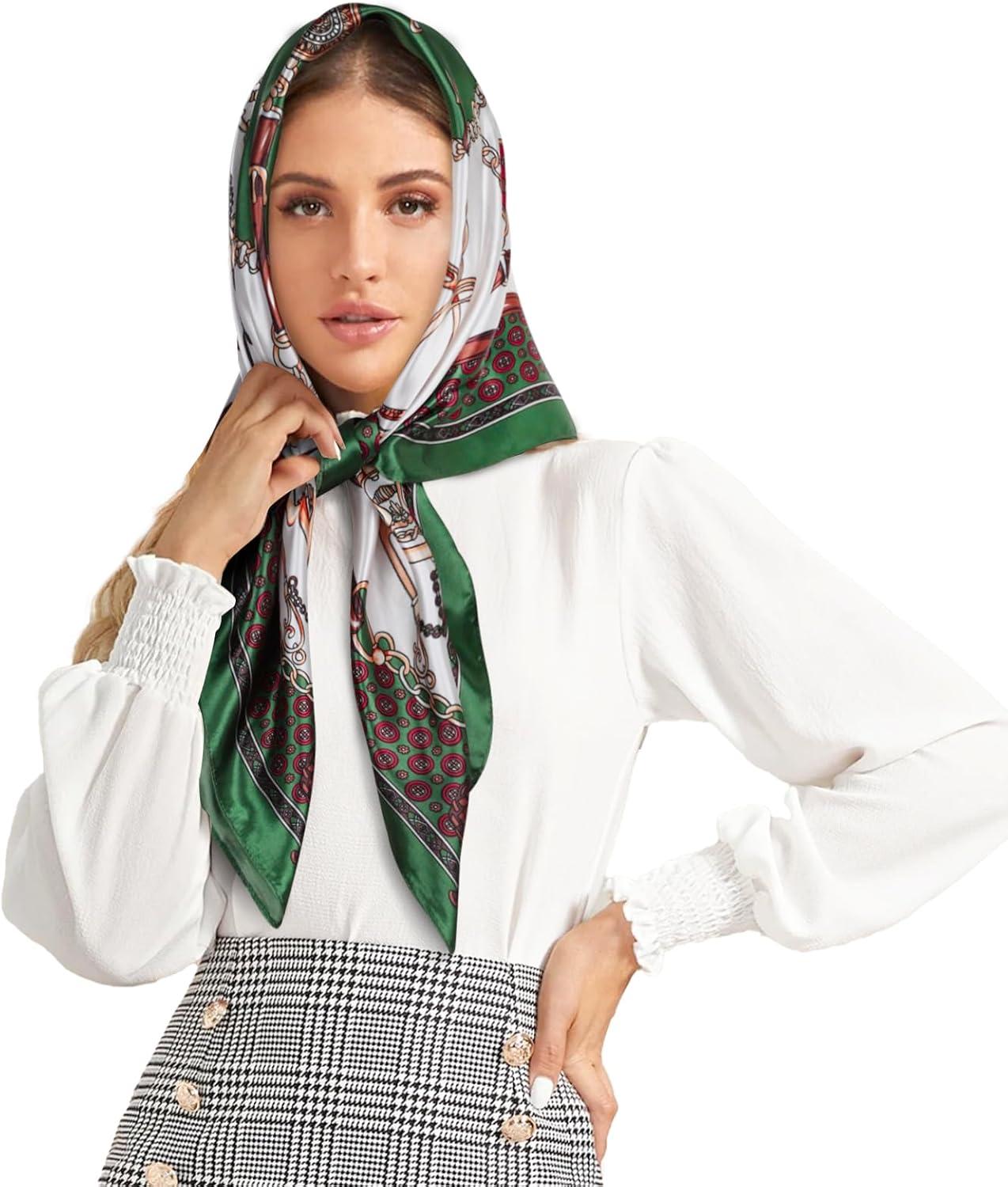 imageEXTREE Womens 35 inch Fashion Headscarf Silk Satin Scarf for Hair Wrapping at Night Bandana Square Scarf for SleepingChain Pendant Green