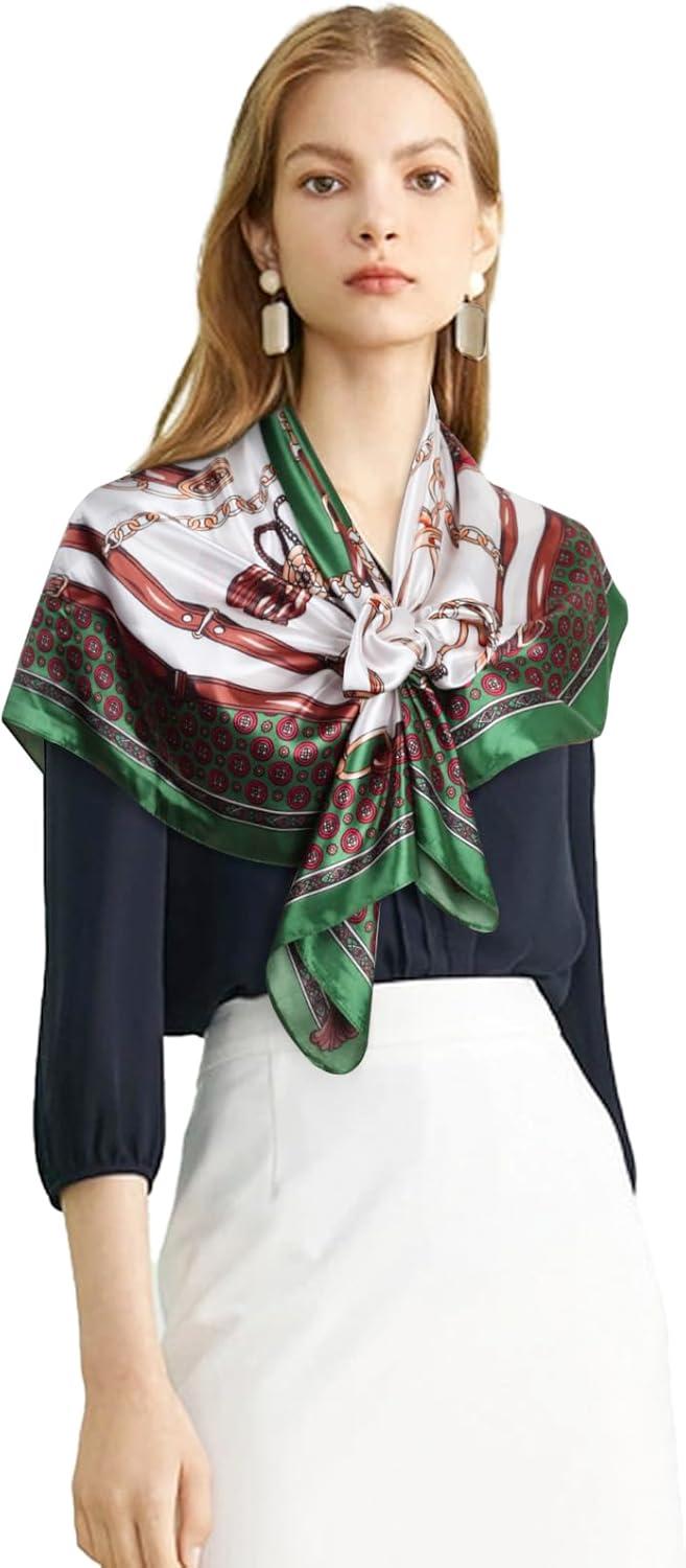 imageEXTREE Womens 35 inch Fashion Headscarf Silk Satin Scarf for Hair Wrapping at Night Bandana Square Scarf for SleepingChain Pendant Green