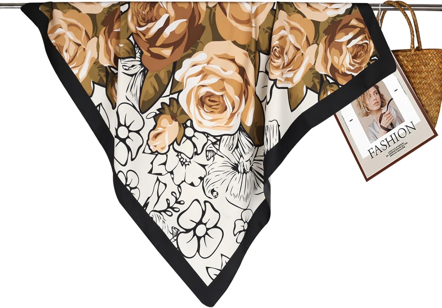 imageEXTREE Womens 35 inch Fashion Headscarf Silk Satin Scarf for Hair Wrapping at Night Bandana Square Scarf for SleepingChampagne Peony