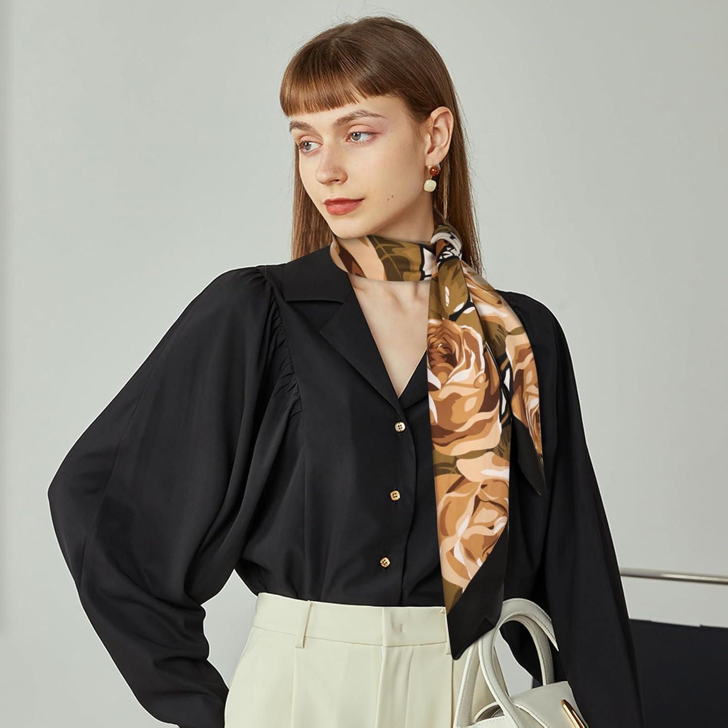 imageEXTREE Womens 35 inch Fashion Headscarf Silk Satin Scarf for Hair Wrapping at Night Bandana Square Scarf for SleepingChampagne Peony