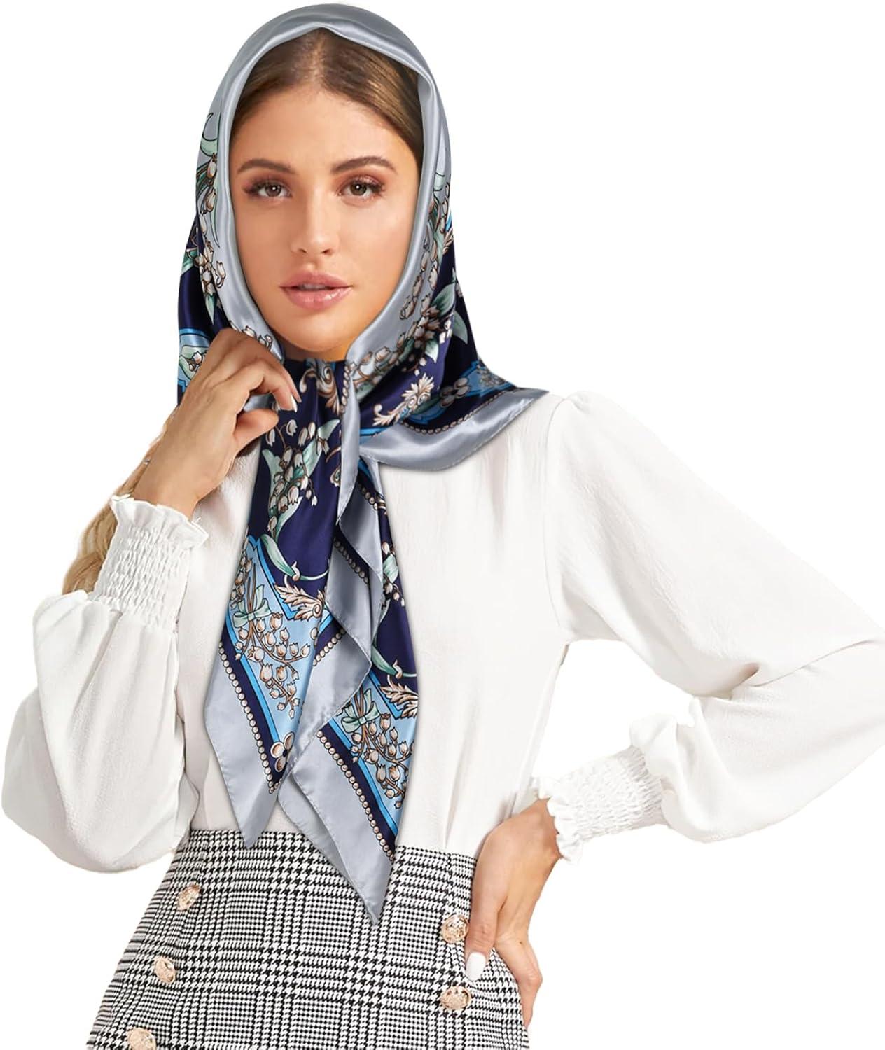 imageEXTREE Womens 35 inch Fashion Headscarf Silk Satin Scarf for Hair Wrapping at Night Bandana Square Scarf for SleepingClassic Blue