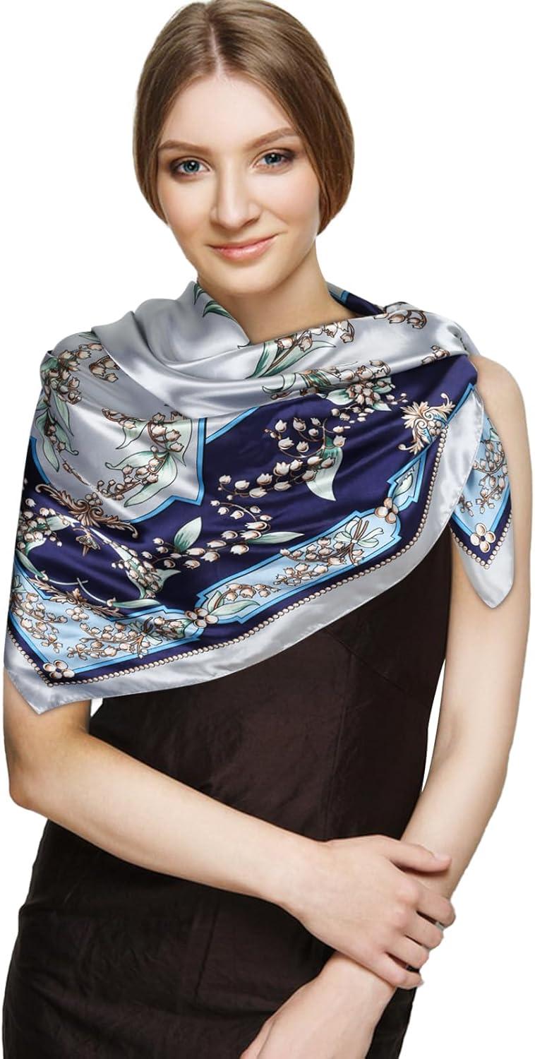 imageEXTREE Womens 35 inch Fashion Headscarf Silk Satin Scarf for Hair Wrapping at Night Bandana Square Scarf for SleepingClassic Blue