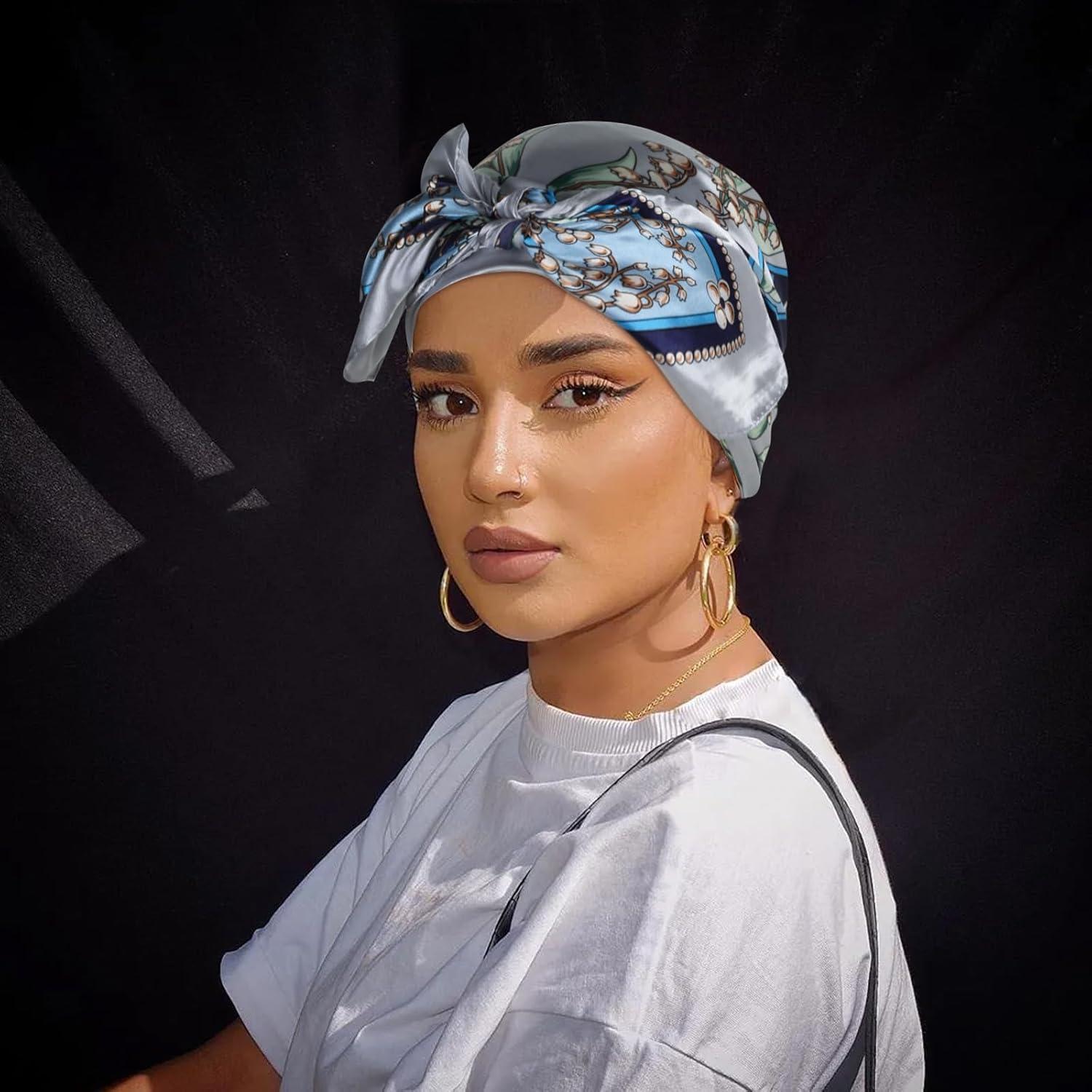 imageEXTREE Womens 35 inch Fashion Headscarf Silk Satin Scarf for Hair Wrapping at Night Bandana Square Scarf for SleepingClassic Blue