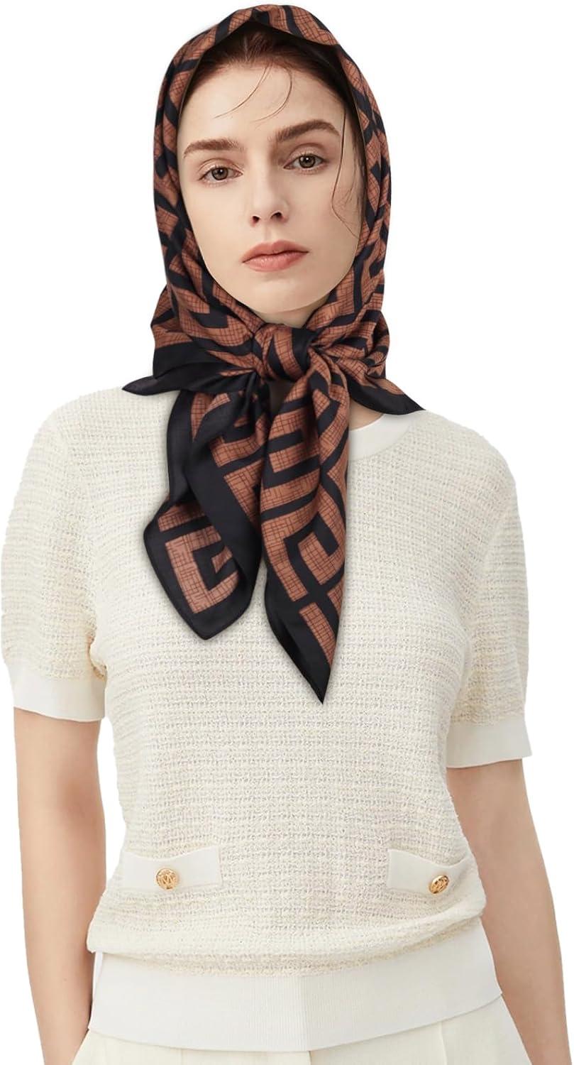 imageEXTREE Womens 35 inch Fashion Headscarf Silk Satin Scarf for Hair Wrapping at Night Bandana Square Scarf for SleepingDark Brown Back Pattern