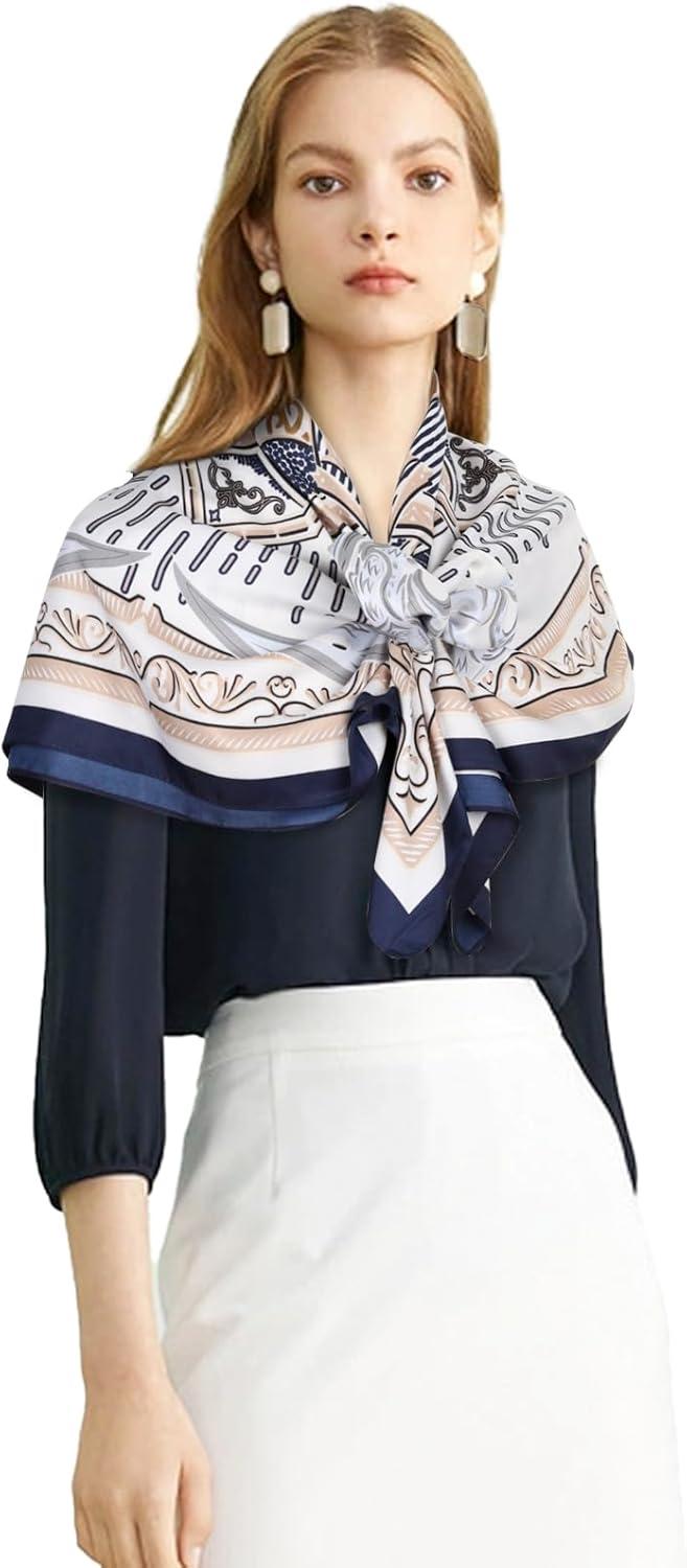 imageEXTREE Womens 35 inch Fashion Headscarf Silk Satin Scarf for Hair Wrapping at Night Bandana Square Scarf for SleepingGeometric Tibetan Rice