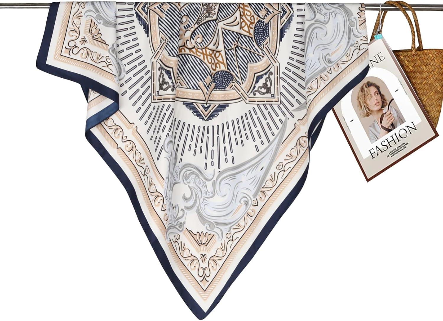 imageEXTREE Womens 35 inch Fashion Headscarf Silk Satin Scarf for Hair Wrapping at Night Bandana Square Scarf for SleepingGeometric Tibetan Rice