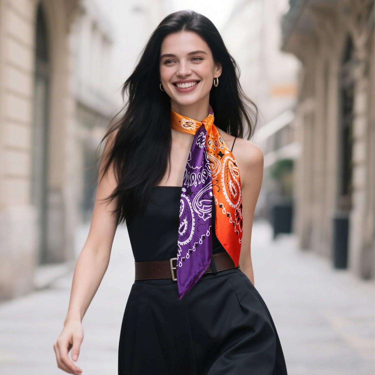 imageEXTREE Womens 35 inch Fashion Headscarf Silk Satin Scarf for Hair Wrapping at Night Bandana Square Scarf for SleepingGradient Red Yellow and Purple