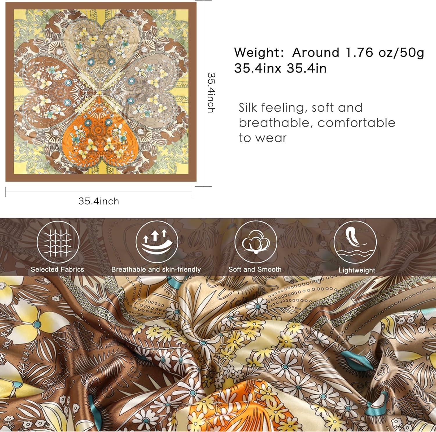 imageEXTREE Womens 35 inch Fashion Headscarf Silk Satin Scarf for Hair Wrapping at Night Bandana Square Scarf for SleepingHeartshaped Floral Orange