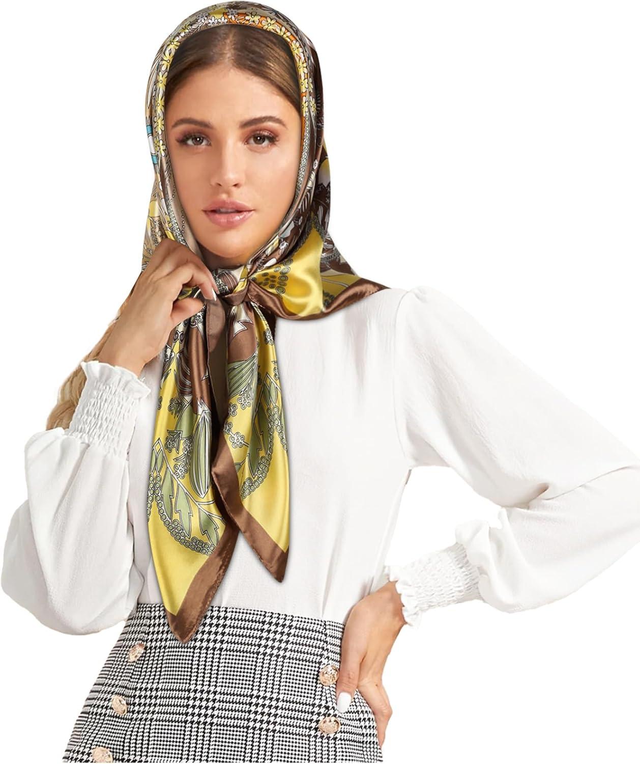 imageEXTREE Womens 35 inch Fashion Headscarf Silk Satin Scarf for Hair Wrapping at Night Bandana Square Scarf for SleepingHeartshaped Floral Orange