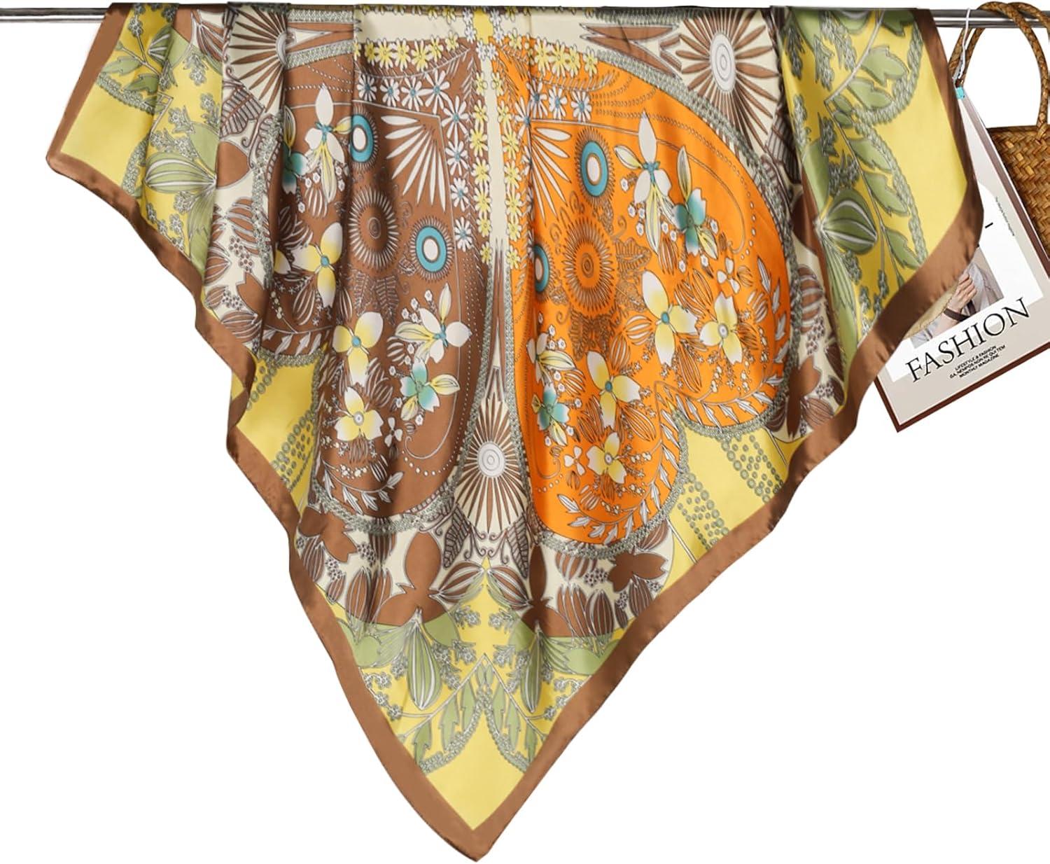 imageEXTREE Womens 35 inch Fashion Headscarf Silk Satin Scarf for Hair Wrapping at Night Bandana Square Scarf for SleepingHeartshaped Floral Orange