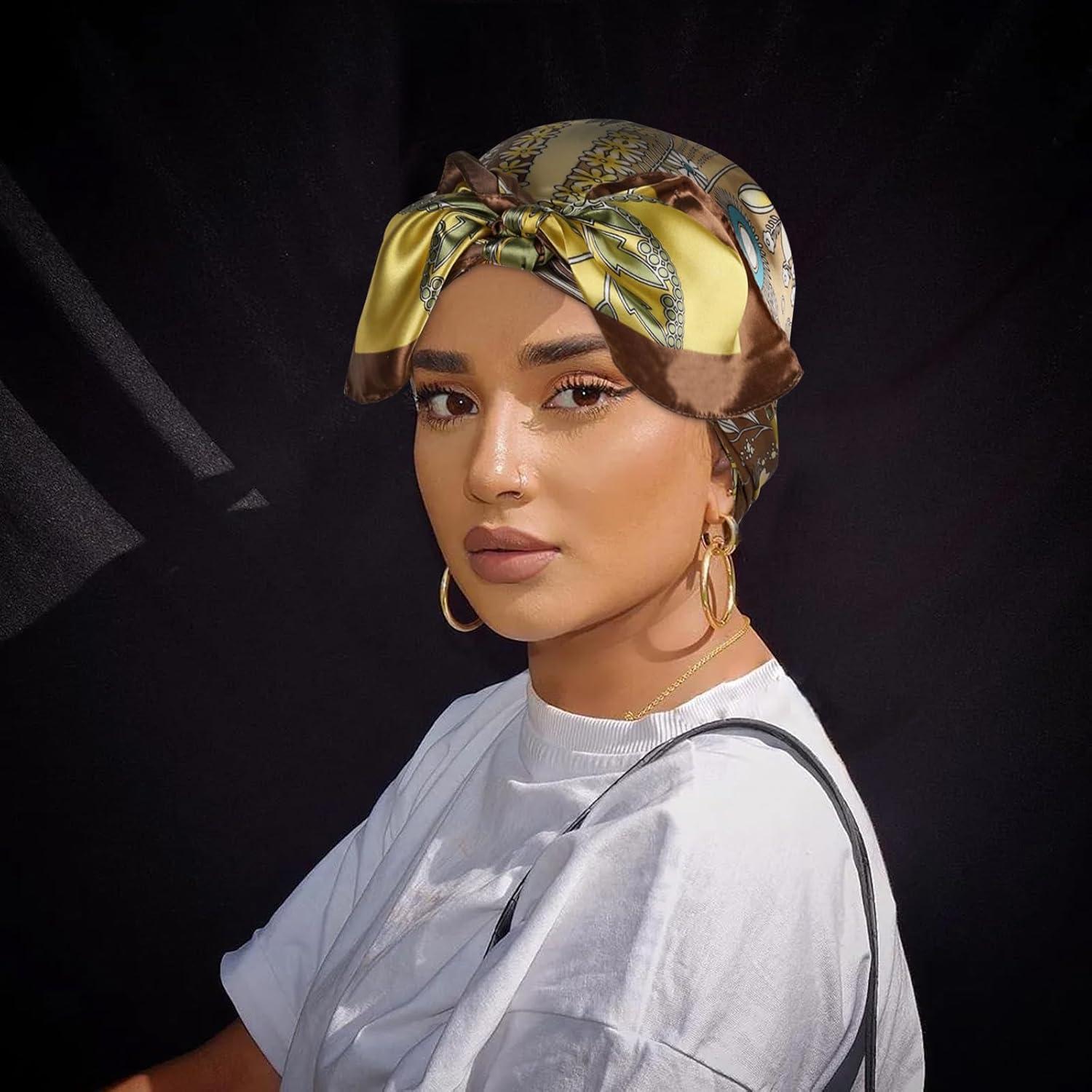 imageEXTREE Womens 35 inch Fashion Headscarf Silk Satin Scarf for Hair Wrapping at Night Bandana Square Scarf for SleepingHeartshaped Floral Orange