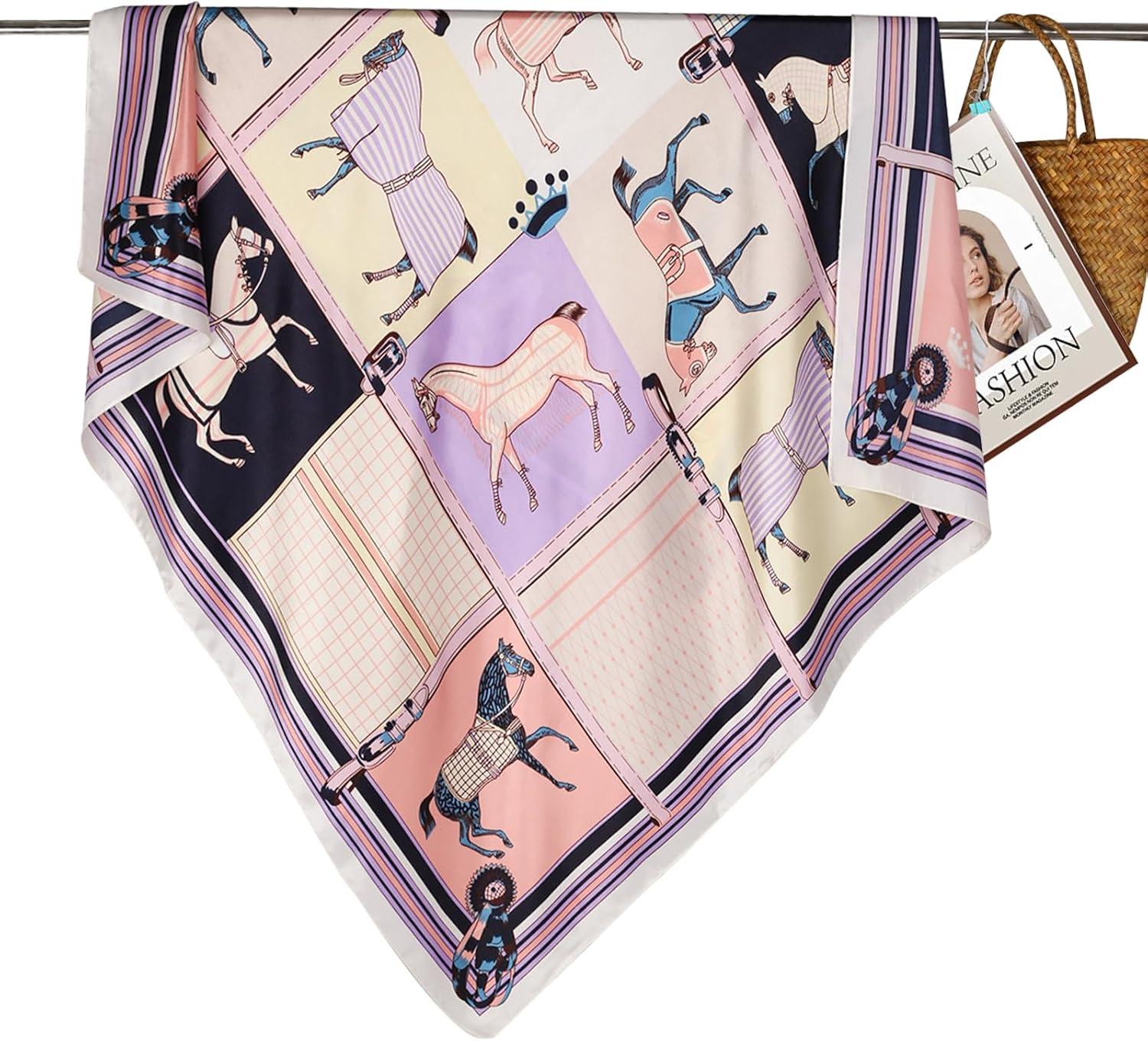 imageEXTREE Womens 35 inch Fashion Headscarf Silk Satin Scarf for Hair Wrapping at Night Bandana Square Scarf for SleepingHermas Pink Purple