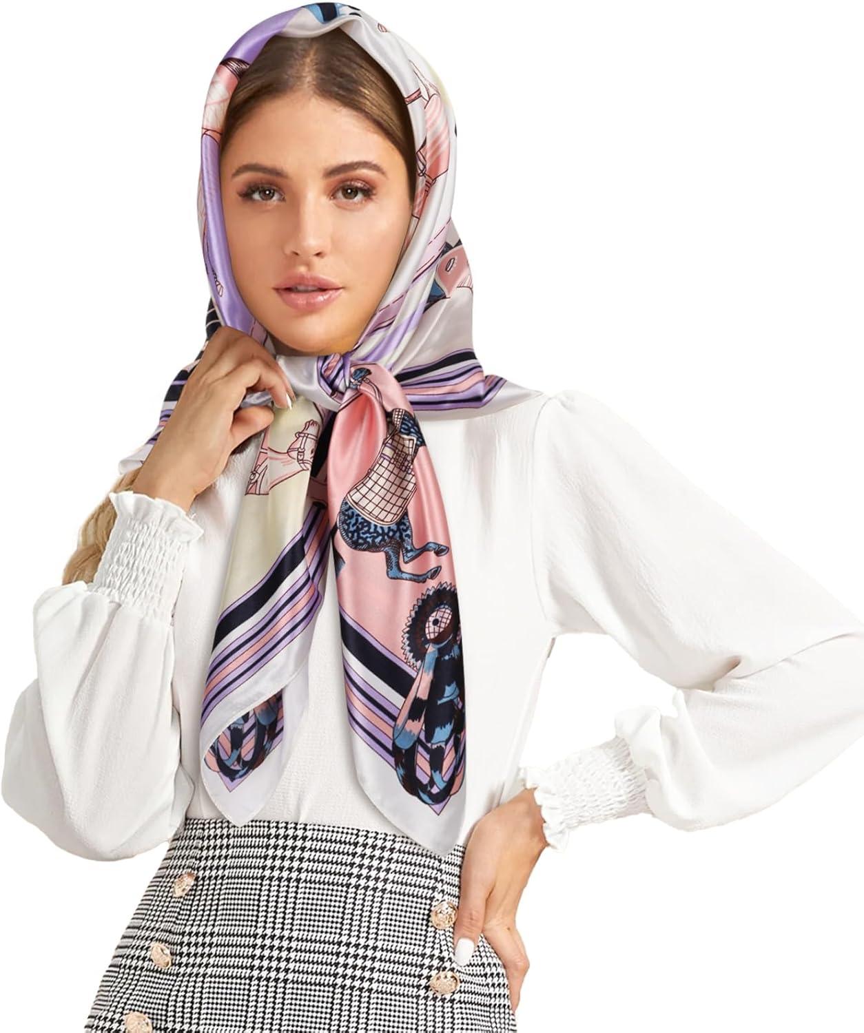 imageEXTREE Womens 35 inch Fashion Headscarf Silk Satin Scarf for Hair Wrapping at Night Bandana Square Scarf for SleepingHermas Pink Purple