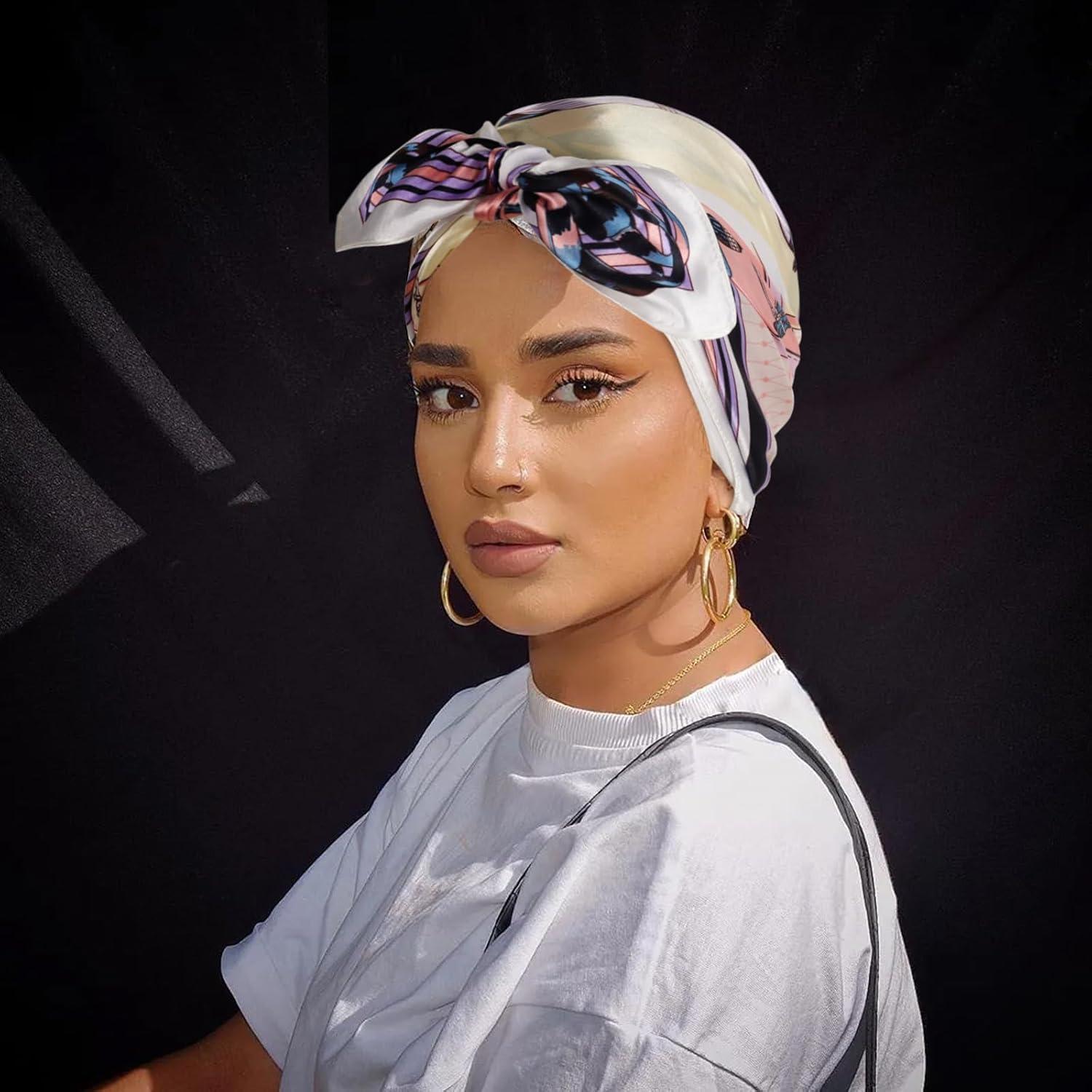 imageEXTREE Womens 35 inch Fashion Headscarf Silk Satin Scarf for Hair Wrapping at Night Bandana Square Scarf for SleepingHermas Pink Purple