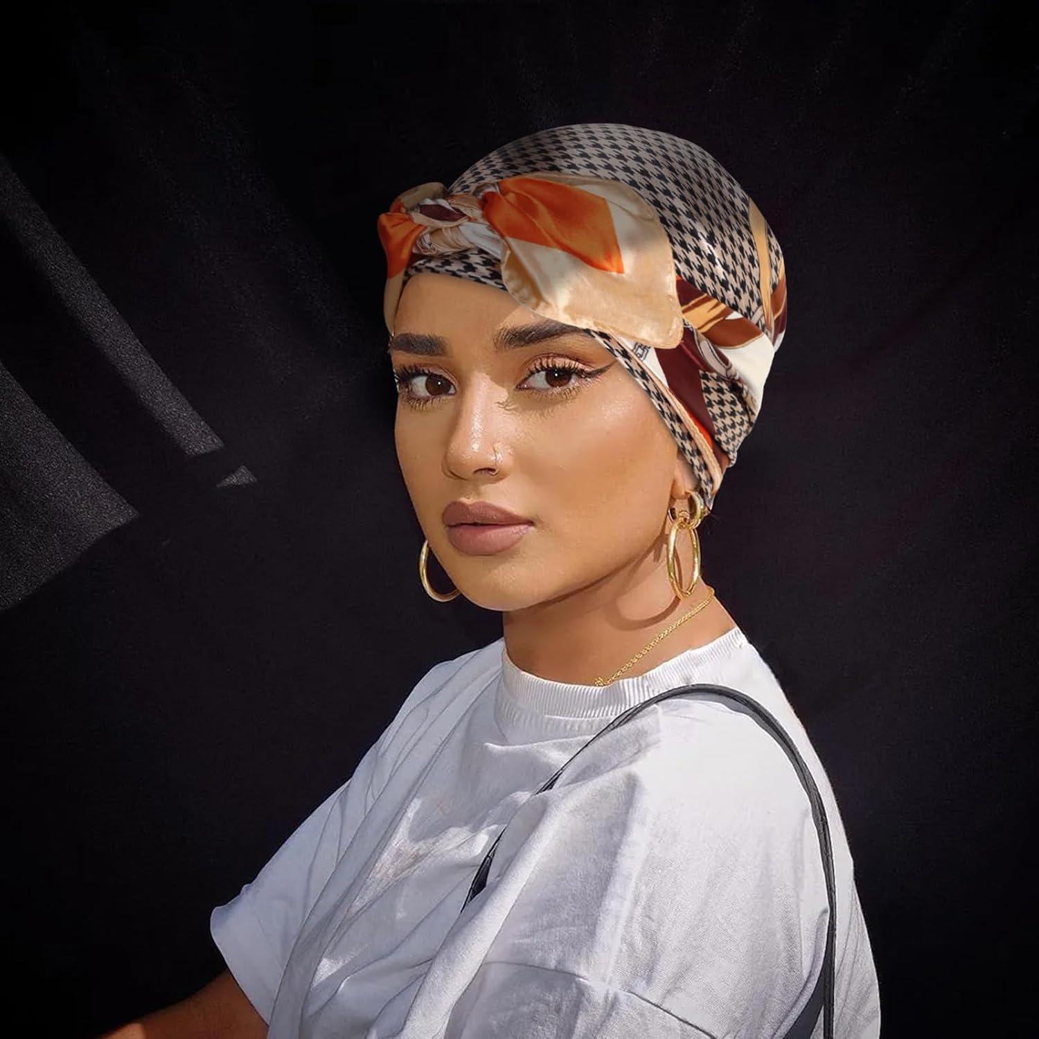 imageEXTREE Womens 35 inch Fashion Headscarf Silk Satin Scarf for Hair Wrapping at Night Bandana Square Scarf for SleepingHoundstooth Belt Chain Orange