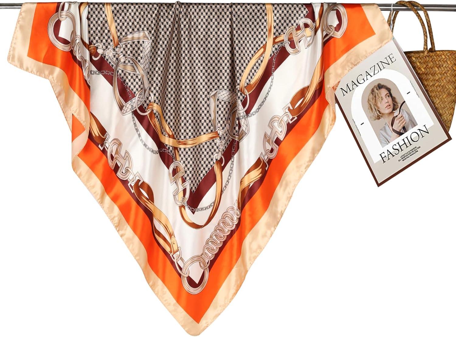 imageEXTREE Womens 35 inch Fashion Headscarf Silk Satin Scarf for Hair Wrapping at Night Bandana Square Scarf for SleepingHoundstooth Belt Chain Orange