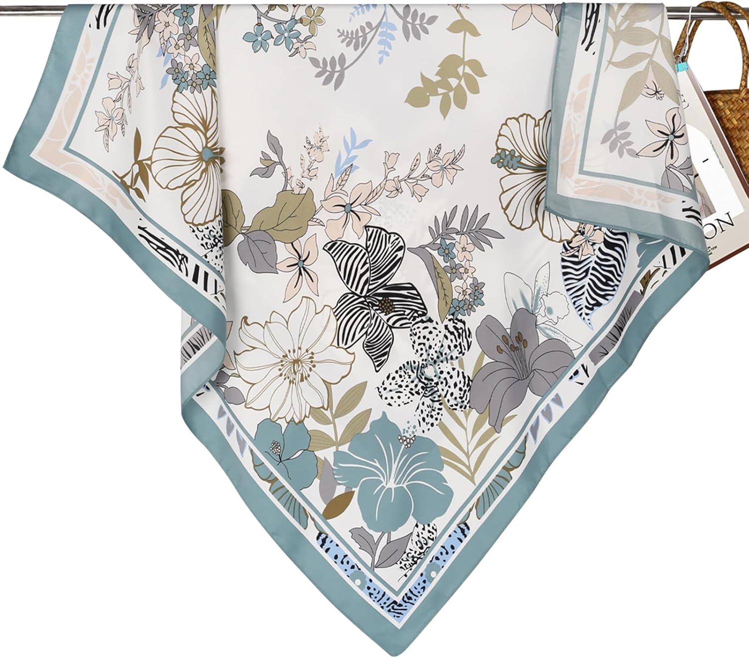 imageEXTREE Womens 35 inch Fashion Headscarf Silk Satin Scarf for Hair Wrapping at Night Bandana Square Scarf for SleepingHundred Flowers Light Blue Twill