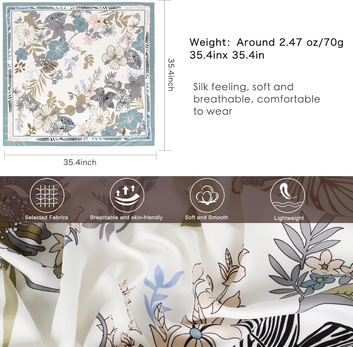 imageEXTREE Womens 35 inch Fashion Headscarf Silk Satin Scarf for Hair Wrapping at Night Bandana Square Scarf for SleepingHundred Flowers Light Blue Twill