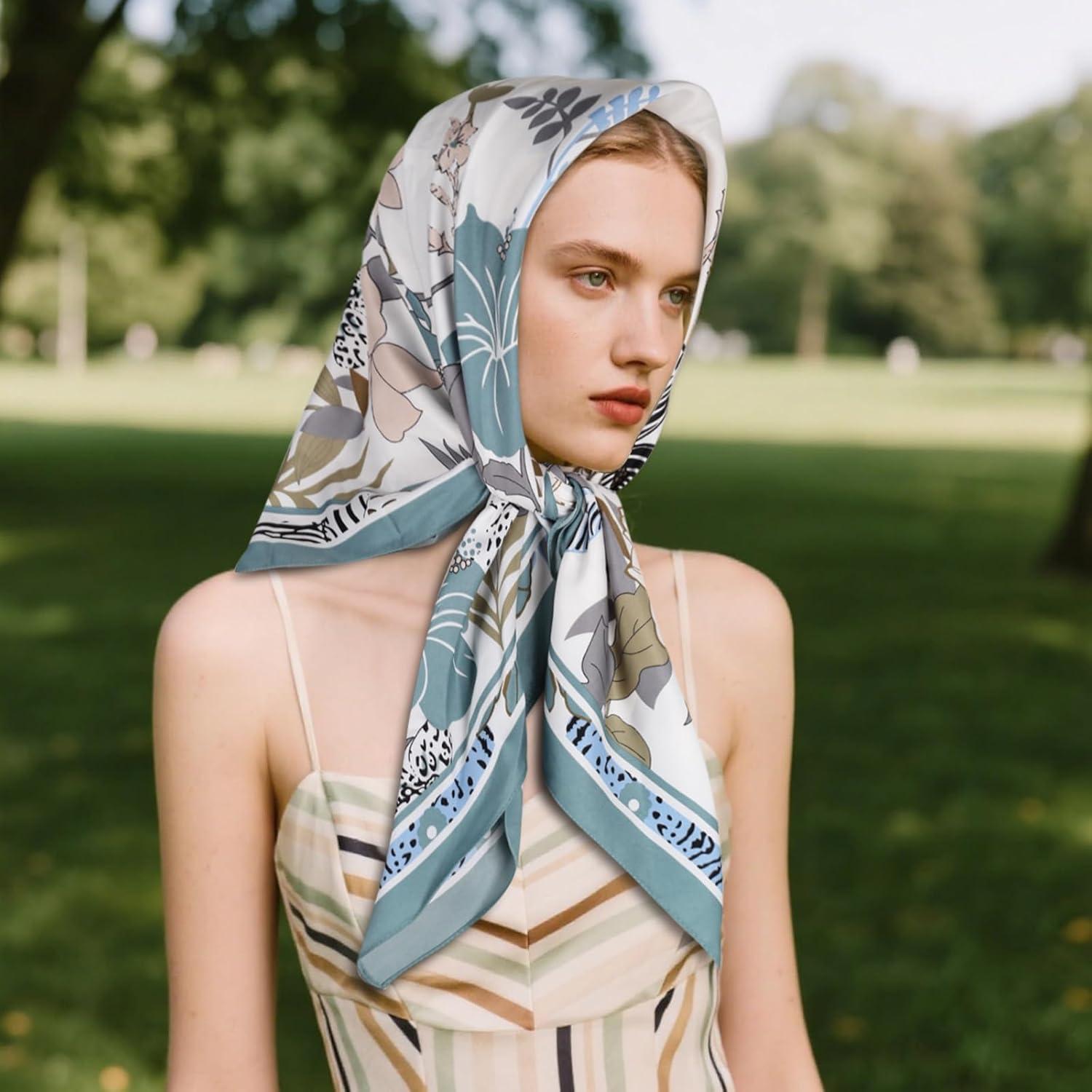 imageEXTREE Womens 35 inch Fashion Headscarf Silk Satin Scarf for Hair Wrapping at Night Bandana Square Scarf for SleepingHundred Flowers Light Blue Twill